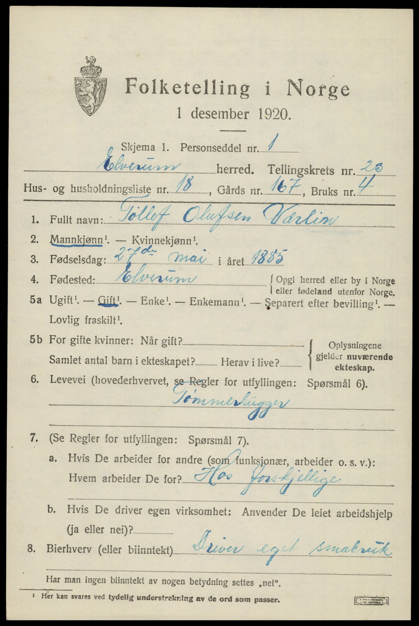 SAH, 1920 census for Elverum, 1920, p. 25386