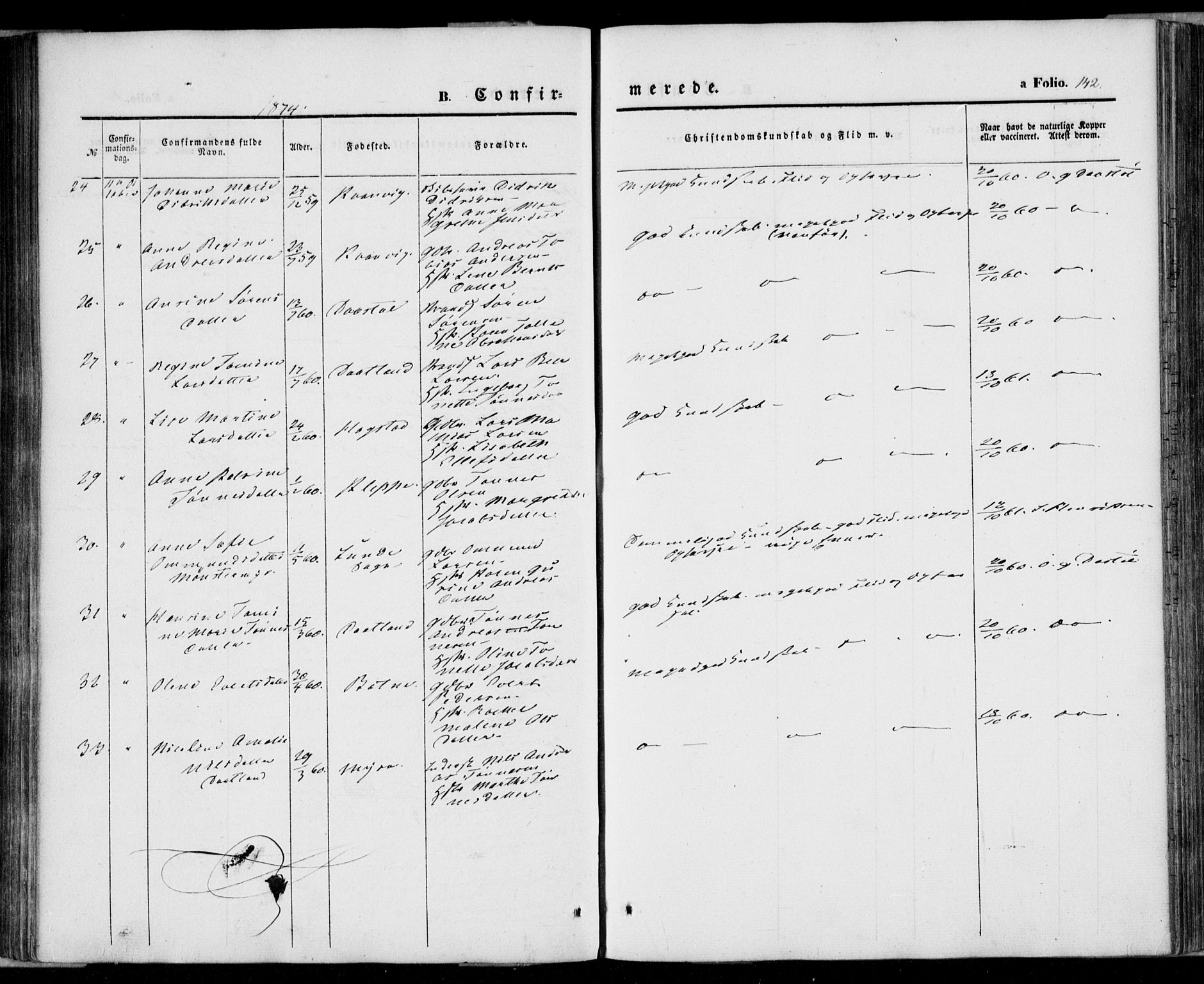 Flekkefjord sokneprestkontor, SAK/1111-0012/F/Fa/Fab/L0004: Parish register (official) no. A 4, 1850-1875, p. 142