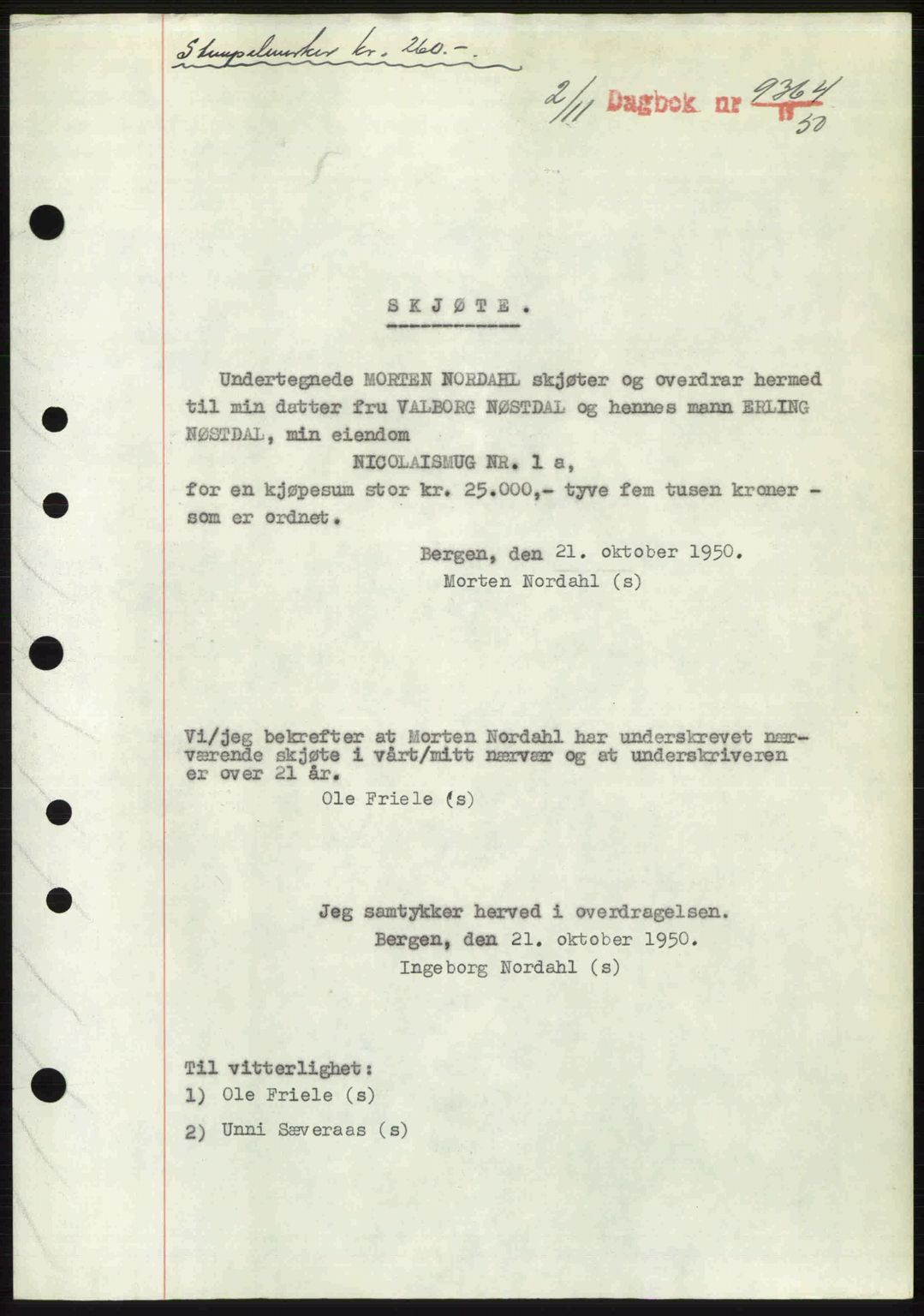 Byfogd og Byskriver i Bergen, SAB/A-3401/03/03Bc/L0034: Mortgage book no. A27-28, 1950-1950, Diary no: : 9364/1950