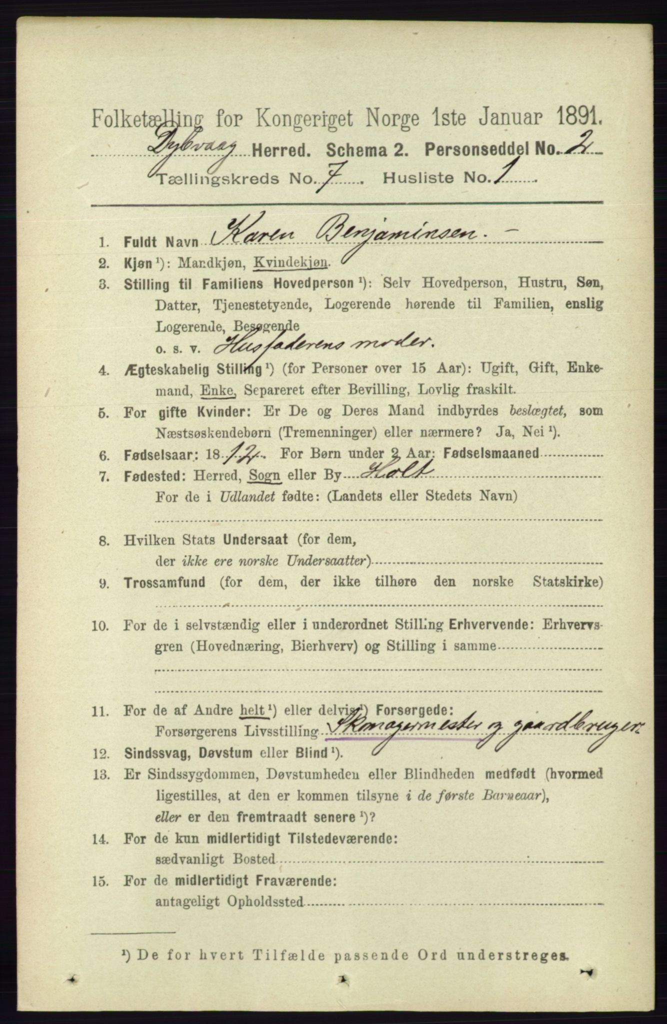 RA, 1891 census for 0915 Dypvåg, 1891, p. 2412