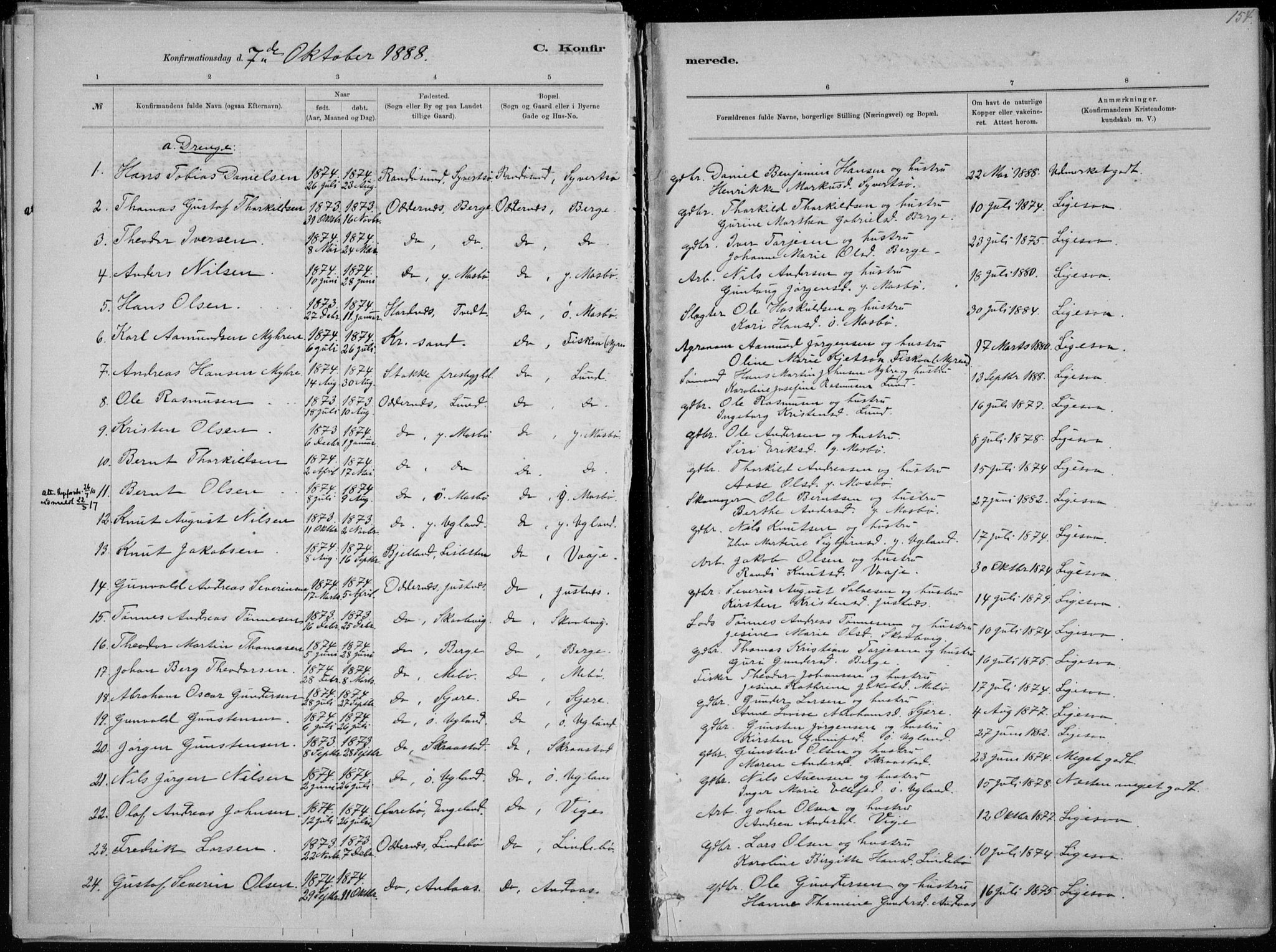 Oddernes sokneprestkontor, SAK/1111-0033/F/Fa/Faa/L0009: Parish register (official) no. A 9, 1884-1896, p. 154