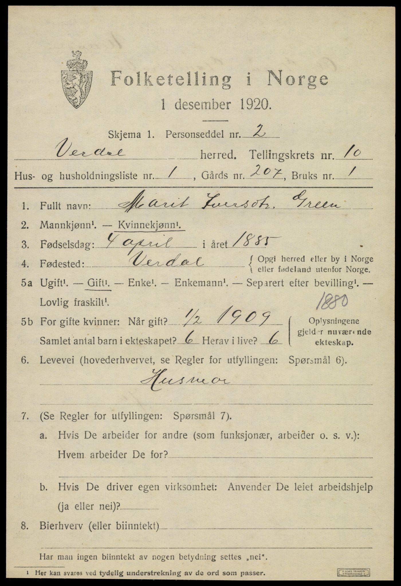 SAT, 1920 census for Verdal, 1920, p. 12147