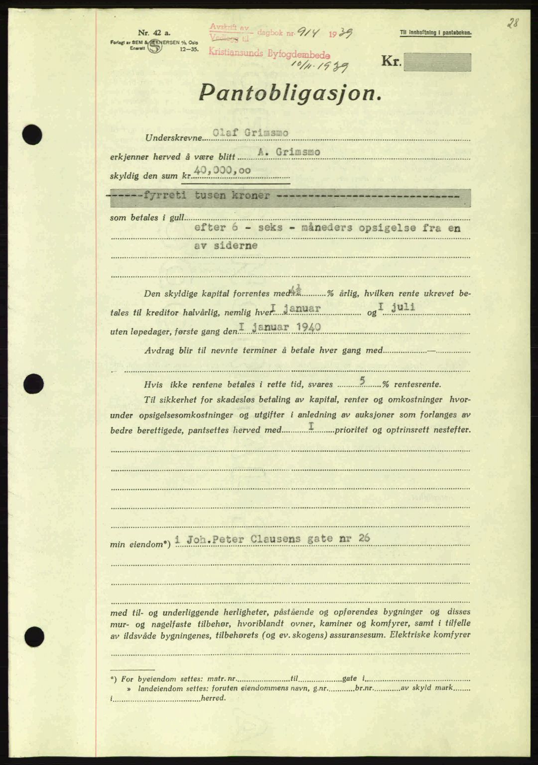 Kristiansund byfogd, AV/SAT-A-4587/A/27: Mortgage book no. 33, 1939-1941, Diary no: : 914/1939