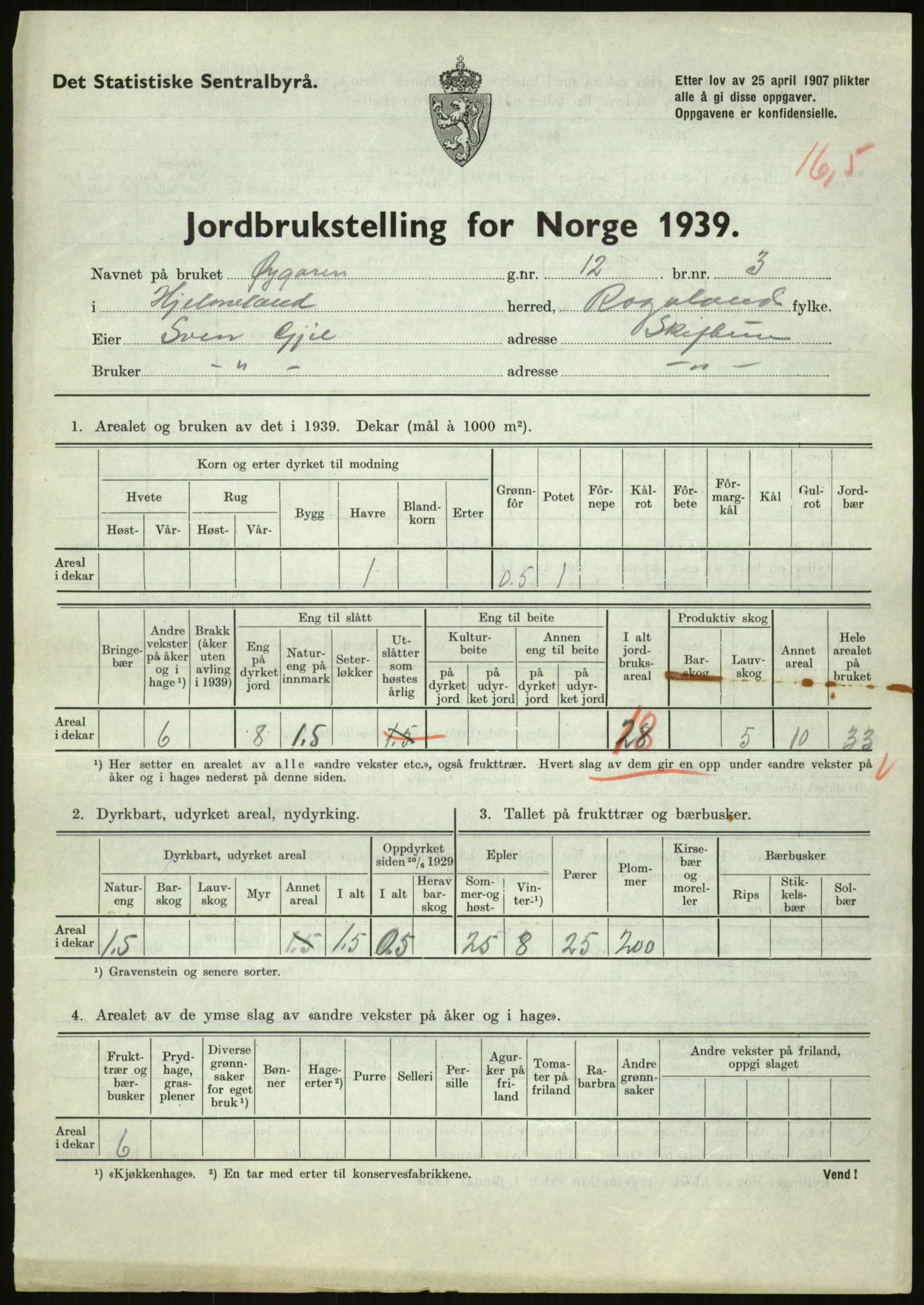 Statistisk sentralbyrå, Næringsøkonomiske emner, Jordbruk, skogbruk, jakt, fiske og fangst, AV/RA-S-2234/G/Gb/L0184: Rogaland: Årdal, Fister og Hjelmeland, 1939, p. 1161