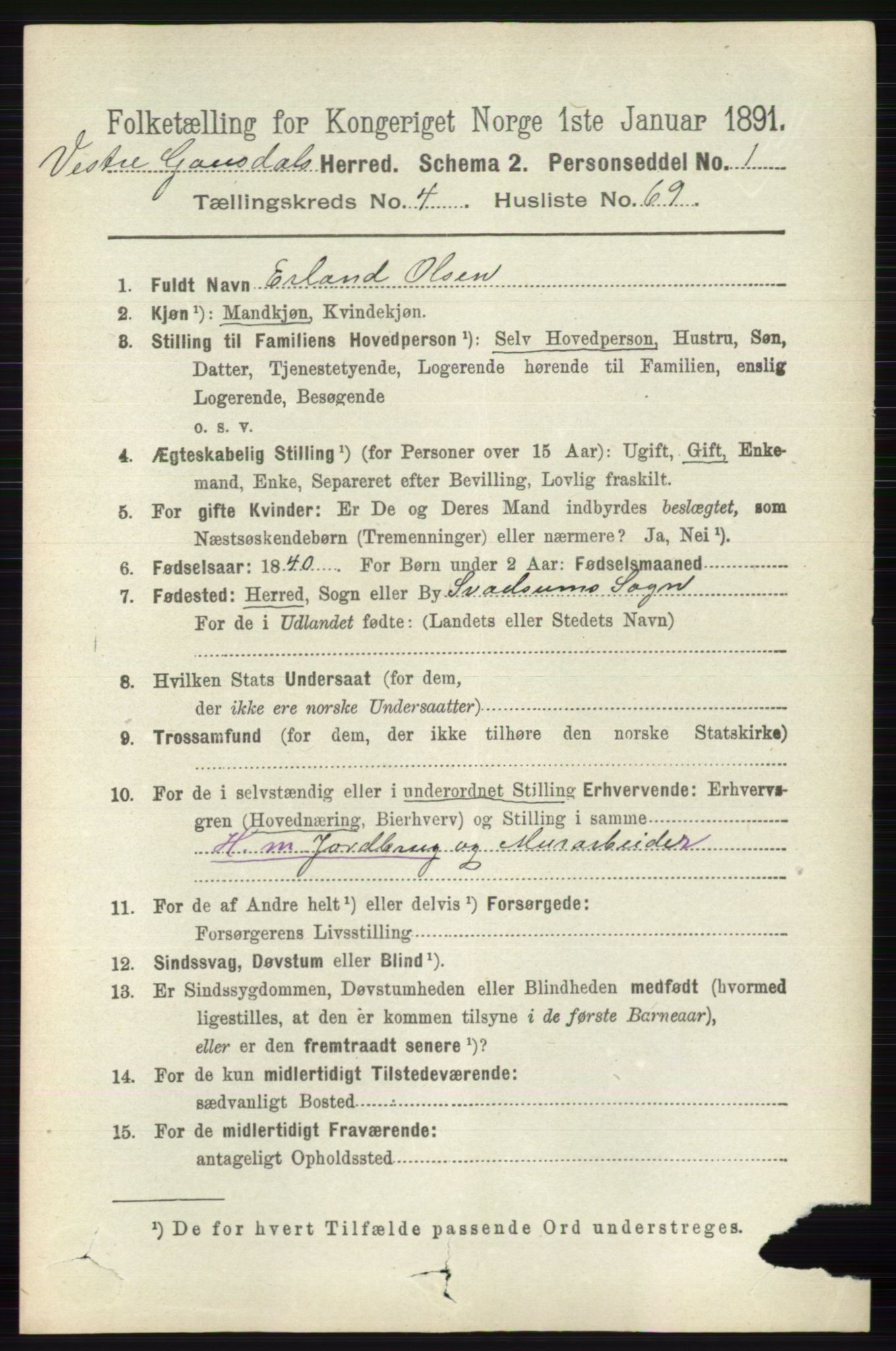 RA, 1891 census for 0523 Vestre Gausdal, 1891, p. 2113