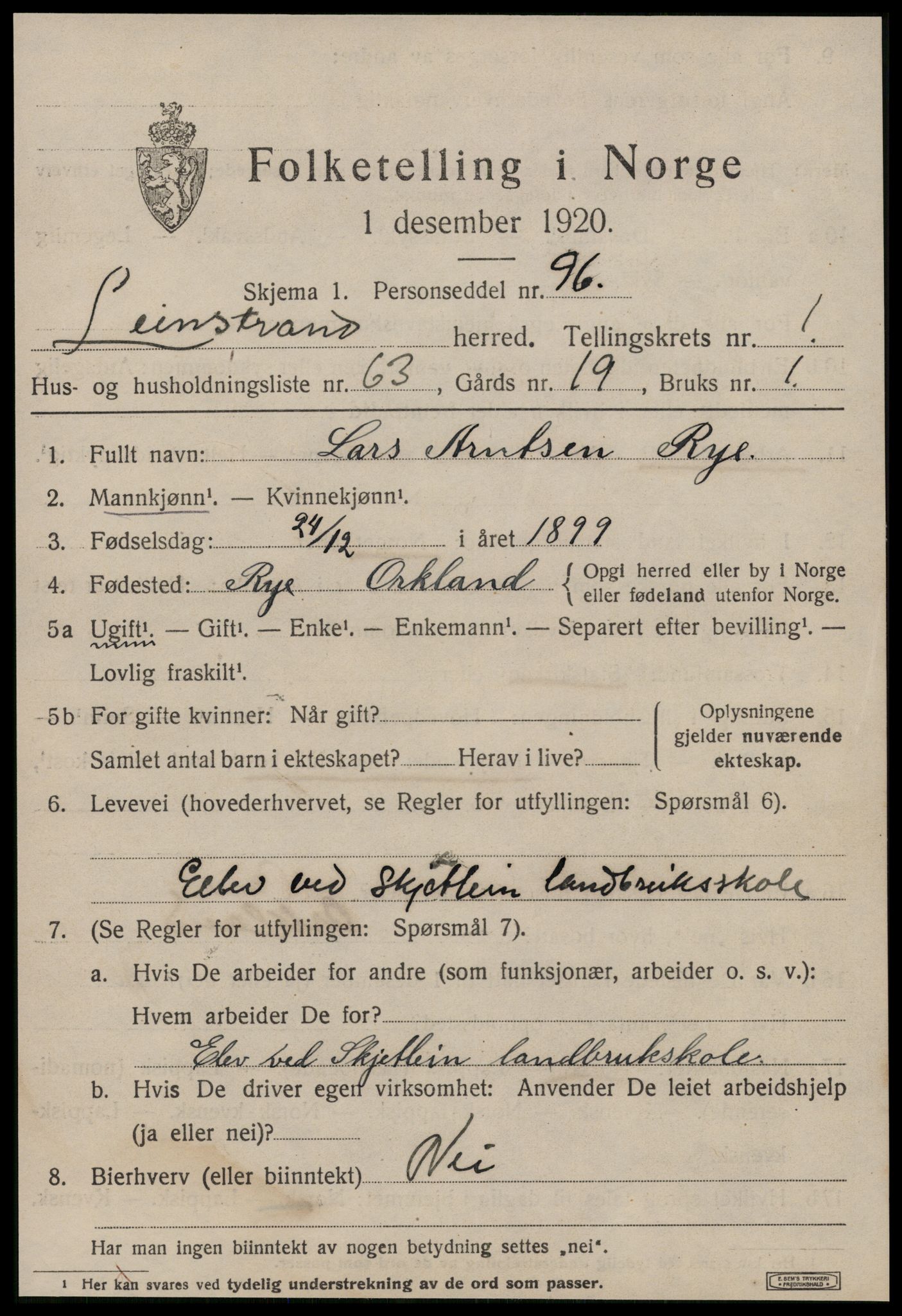 SAT, 1920 census for Leinstrand, 1920, p. 1557