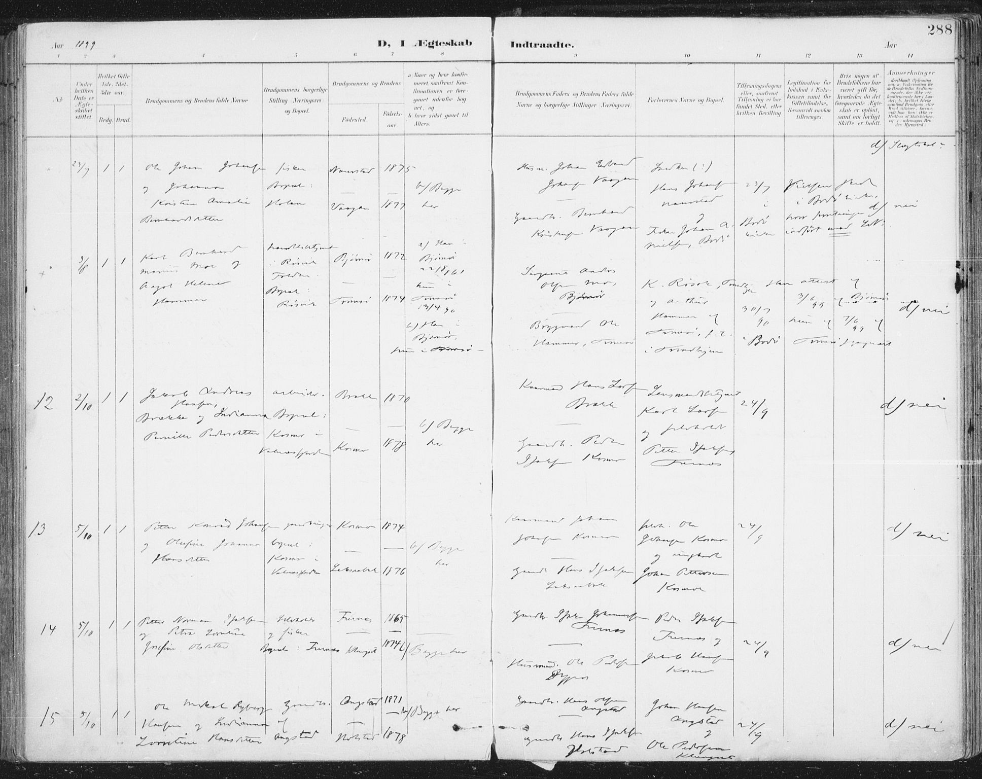 Ministerialprotokoller, klokkerbøker og fødselsregistre - Nordland, AV/SAT-A-1459/852/L0741: Parish register (official) no. 852A11, 1894-1917, p. 288