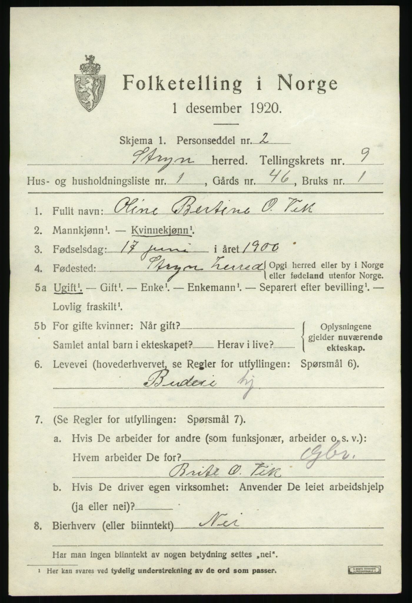 SAB, 1920 census for Stryn, 1920, p. 4168