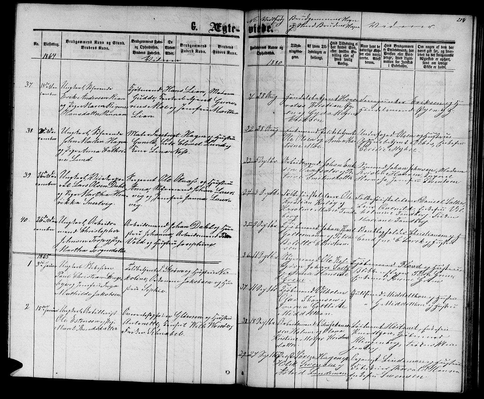 Ministerialprotokoller, klokkerbøker og fødselsregistre - Sør-Trøndelag, SAT/A-1456/601/L0087: Parish register (copy) no. 601C05, 1864-1881, p. 214