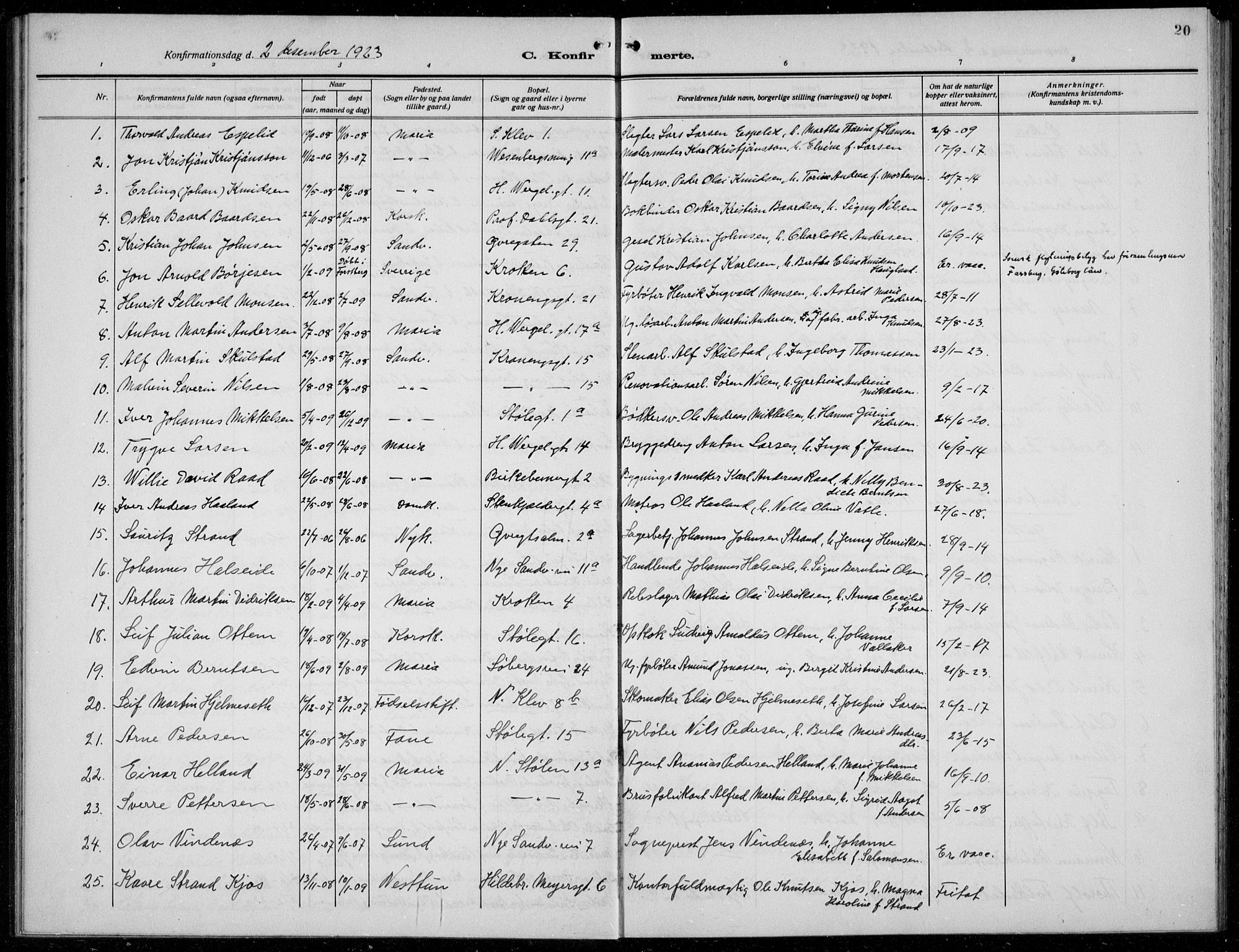 Mariakirken Sokneprestembete, AV/SAB-A-76901/H/Hab/L0010: Parish register (copy) no. A 10, 1920-1937, p. 20