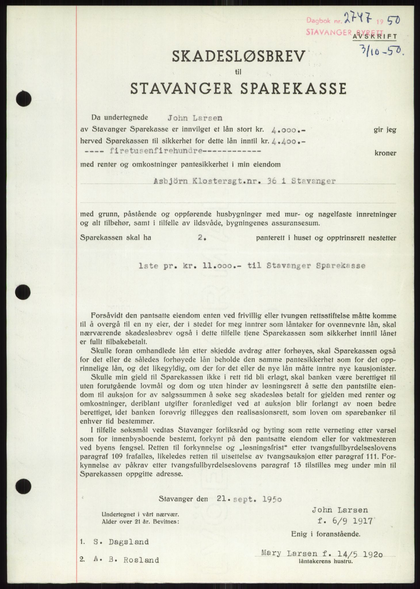 Stavanger byrett, SAST/A-100455/002/G/Gb/L0032: Mortgage book, 1947-1950, Diary no: : 2747/1950