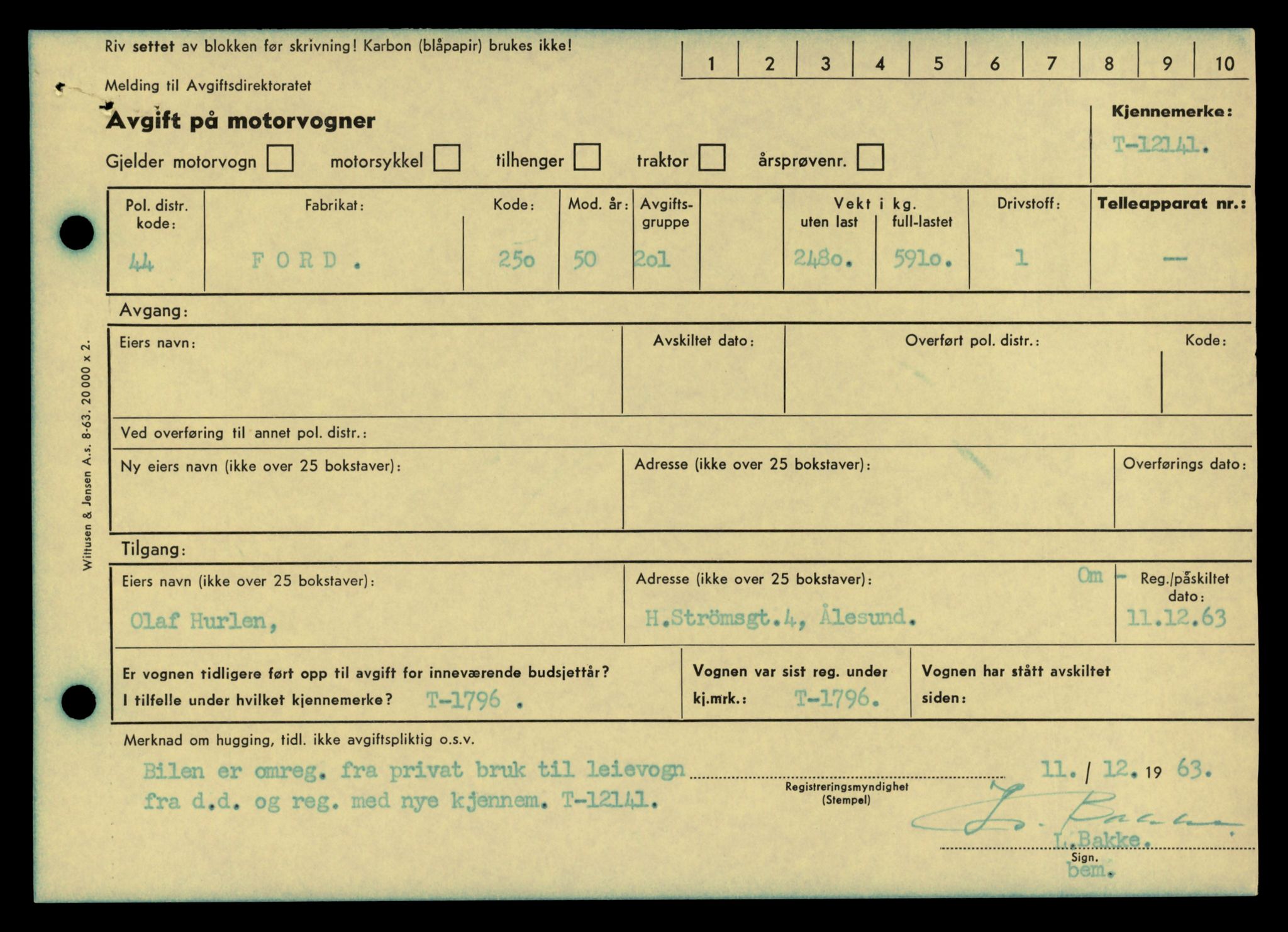 Møre og Romsdal vegkontor - Ålesund trafikkstasjon, AV/SAT-A-4099/F/Fe/L0034: Registreringskort for kjøretøy T 12500 - T 12652, 1927-1998, p. 1292