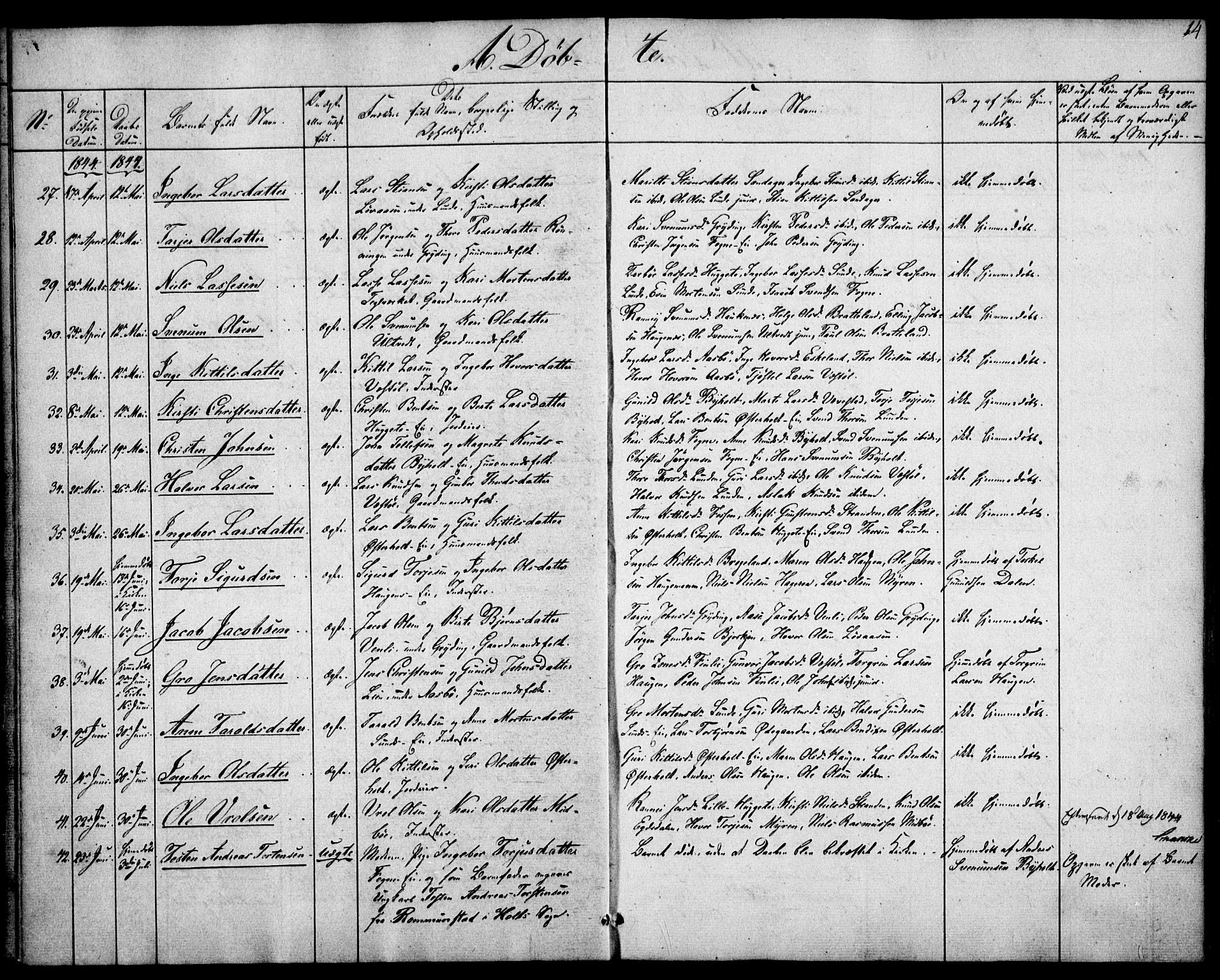 Gjerstad sokneprestkontor, SAK/1111-0014/F/Fa/Faa/L0006: Parish register (official) no. A 6, 1841-1857, p. 14