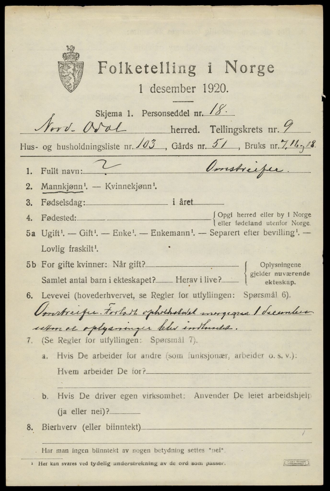 SAH, 1920 census for Nord-Odal, 1920, p. 10857