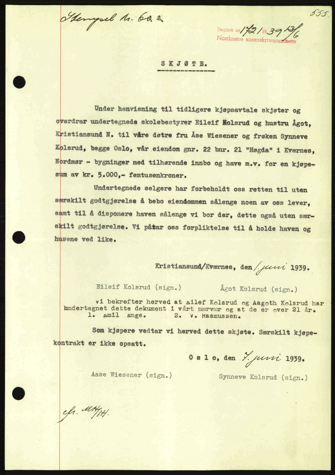 Nordmøre sorenskriveri, AV/SAT-A-4132/1/2/2Ca: Mortgage book no. A86, 1939-1939, Diary no: : 1721/1939