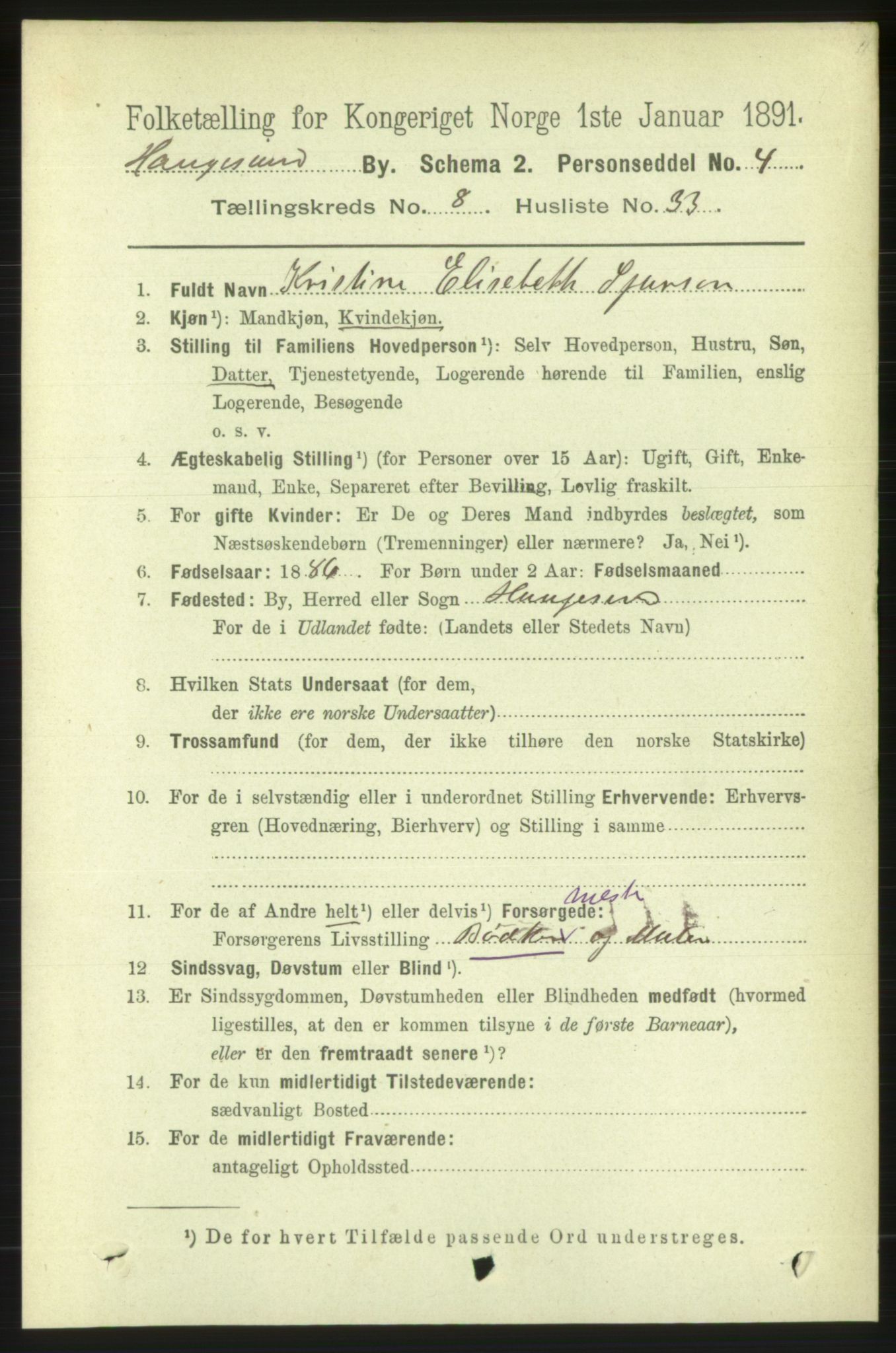 RA, 1891 census for 1106 Haugesund, 1891, p. 3722