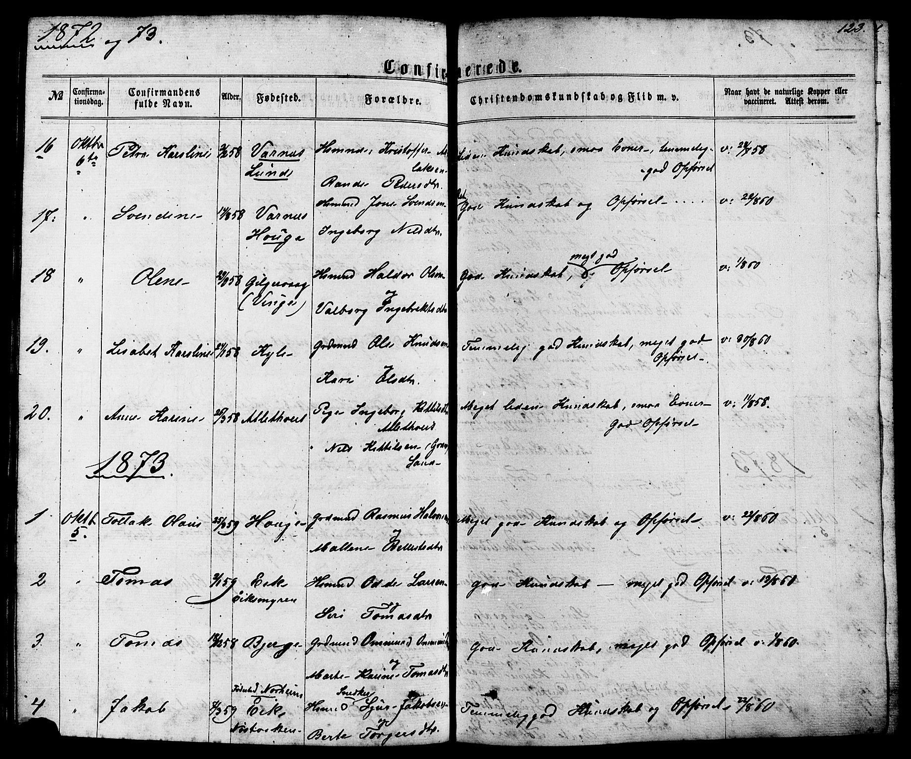 Nedstrand sokneprestkontor, AV/SAST-A-101841/01/IV: Parish register (official) no. A 10, 1861-1887, p. 123