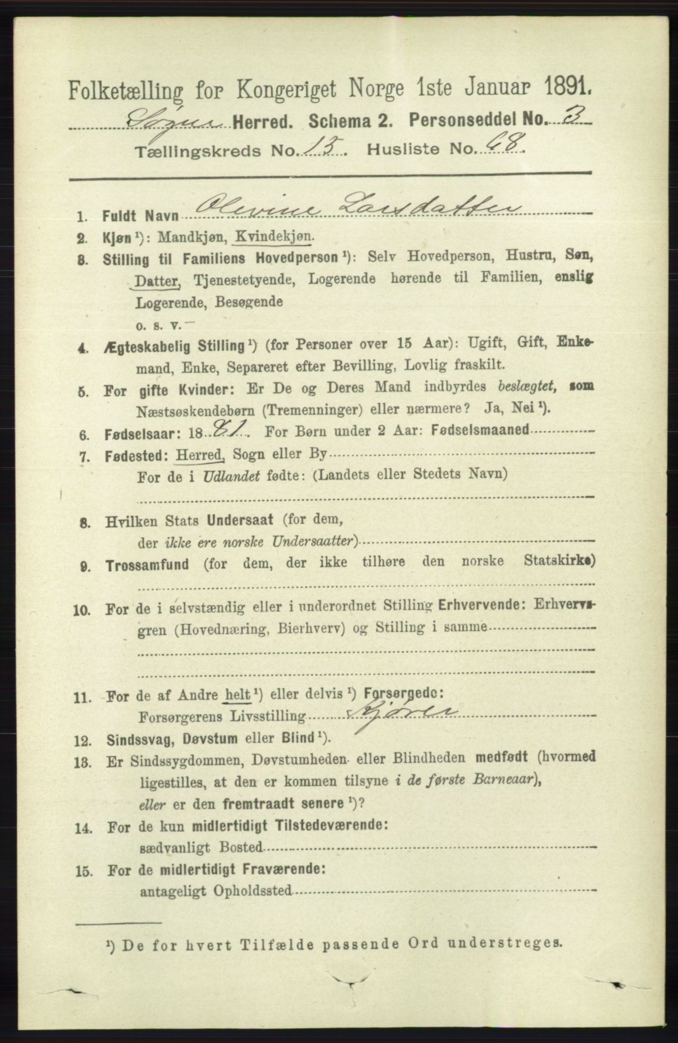 RA, 1891 census for 1018 Søgne, 1891, p. 4220