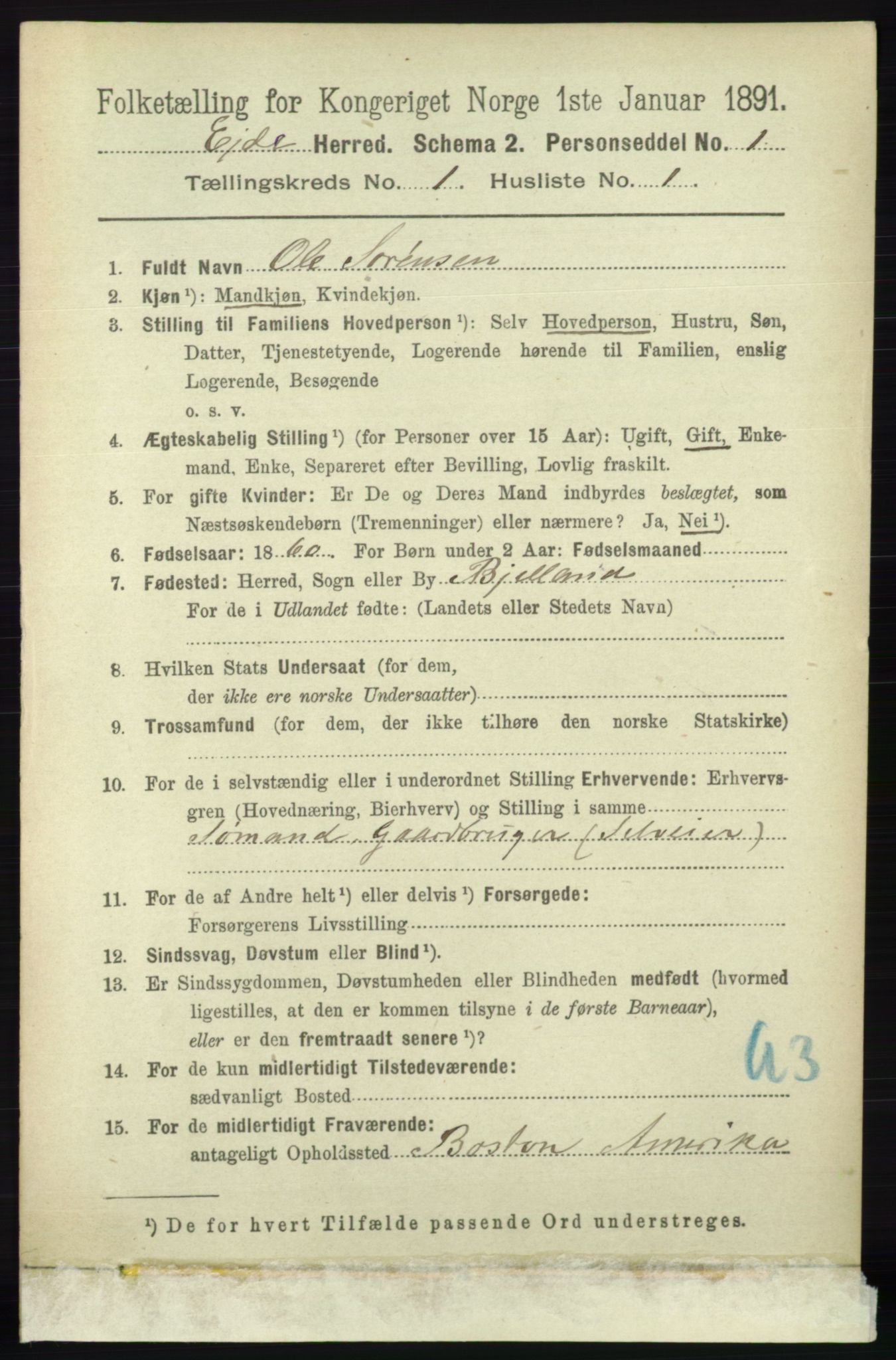RA, 1891 census for 0925 Eide, 1891, p. 52