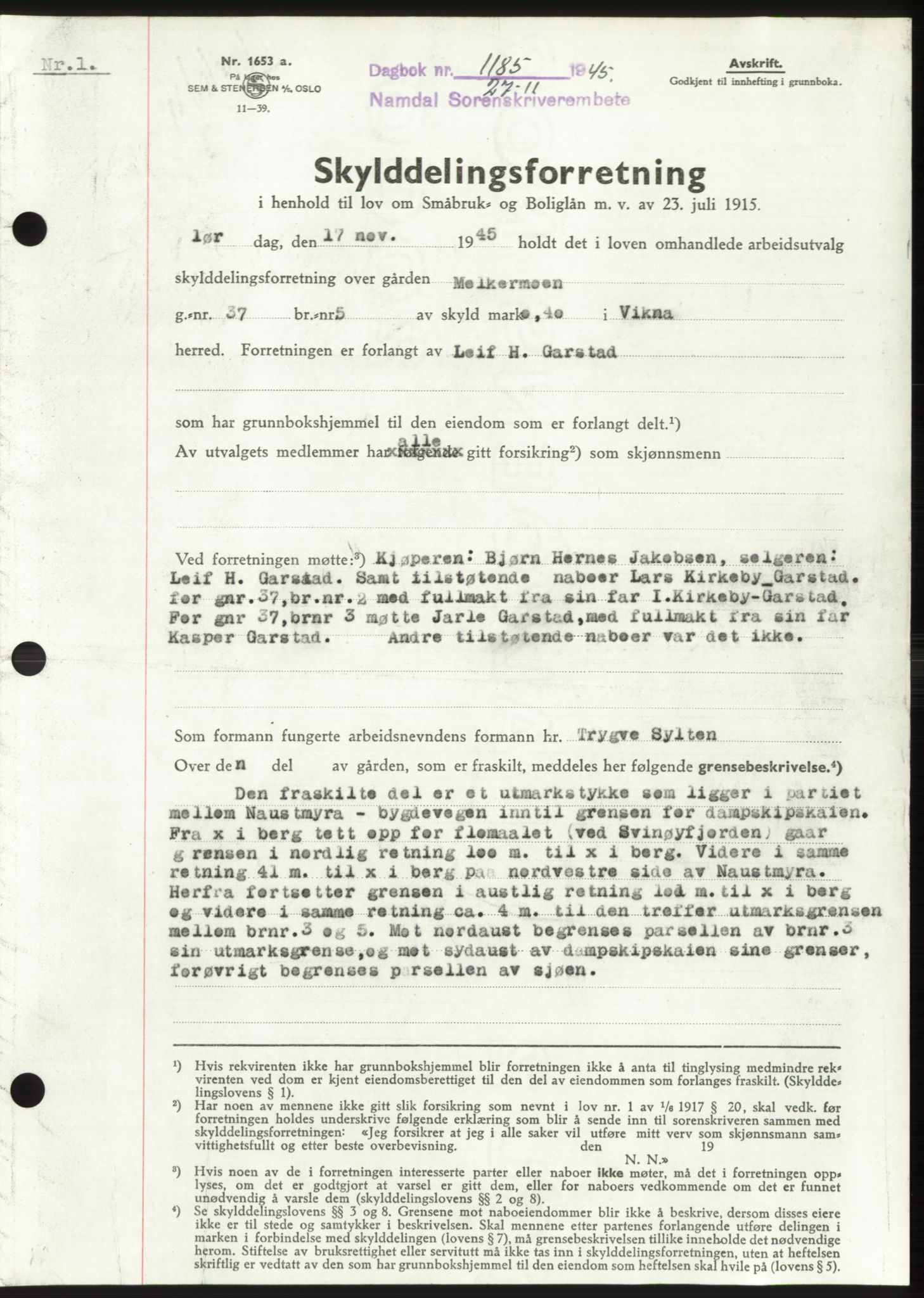 Namdal sorenskriveri, SAT/A-4133/1/2/2C: Mortgage book no. -, 1944-1945, Diary no: : 1185/1945
