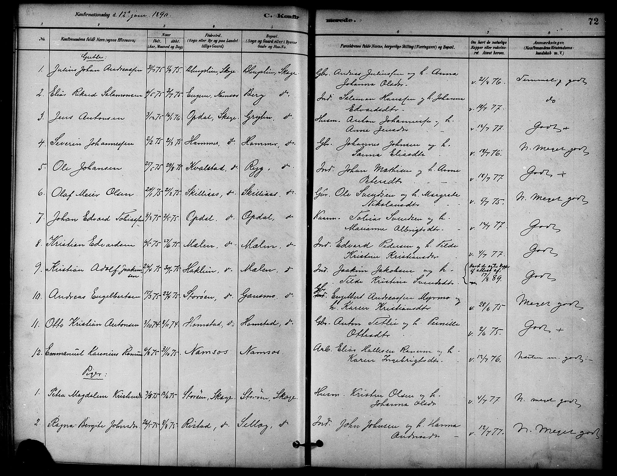 Ministerialprotokoller, klokkerbøker og fødselsregistre - Nord-Trøndelag, SAT/A-1458/766/L0563: Parish register (official) no. 767A01, 1881-1899, p. 72