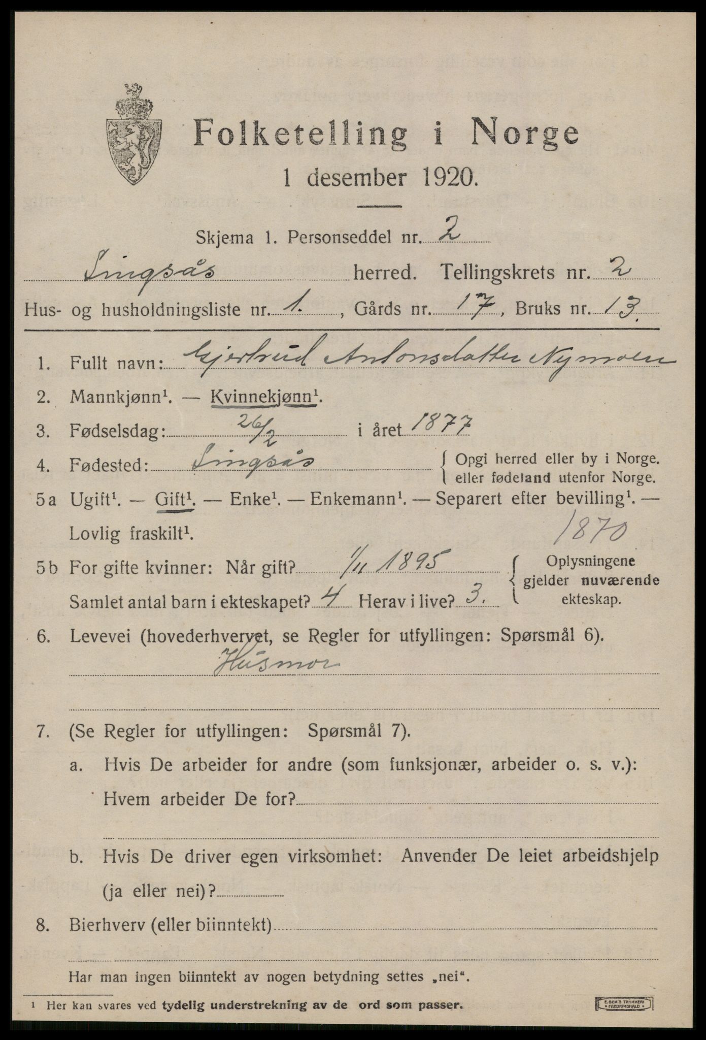 SAT, 1920 census for Singsås, 1920, p. 1125