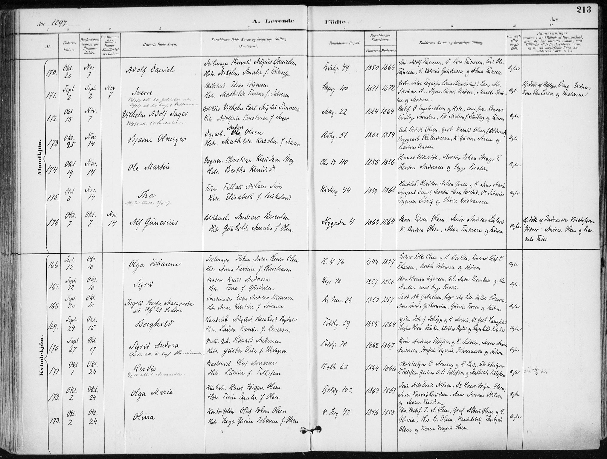 Kristiansand domprosti, SAK/1112-0006/F/Fa/L0019: Parish register (official) no. A 18, 1890-1897, p. 213