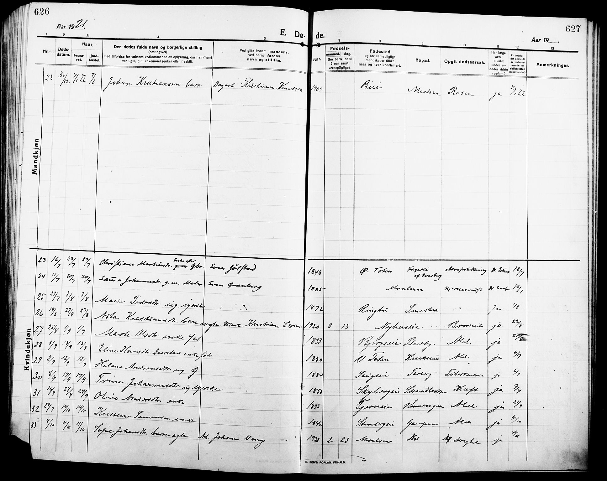 Ringsaker prestekontor, AV/SAH-PREST-014/L/La/L0018: Parish register (copy) no. 18, 1913-1922, p. 626-627