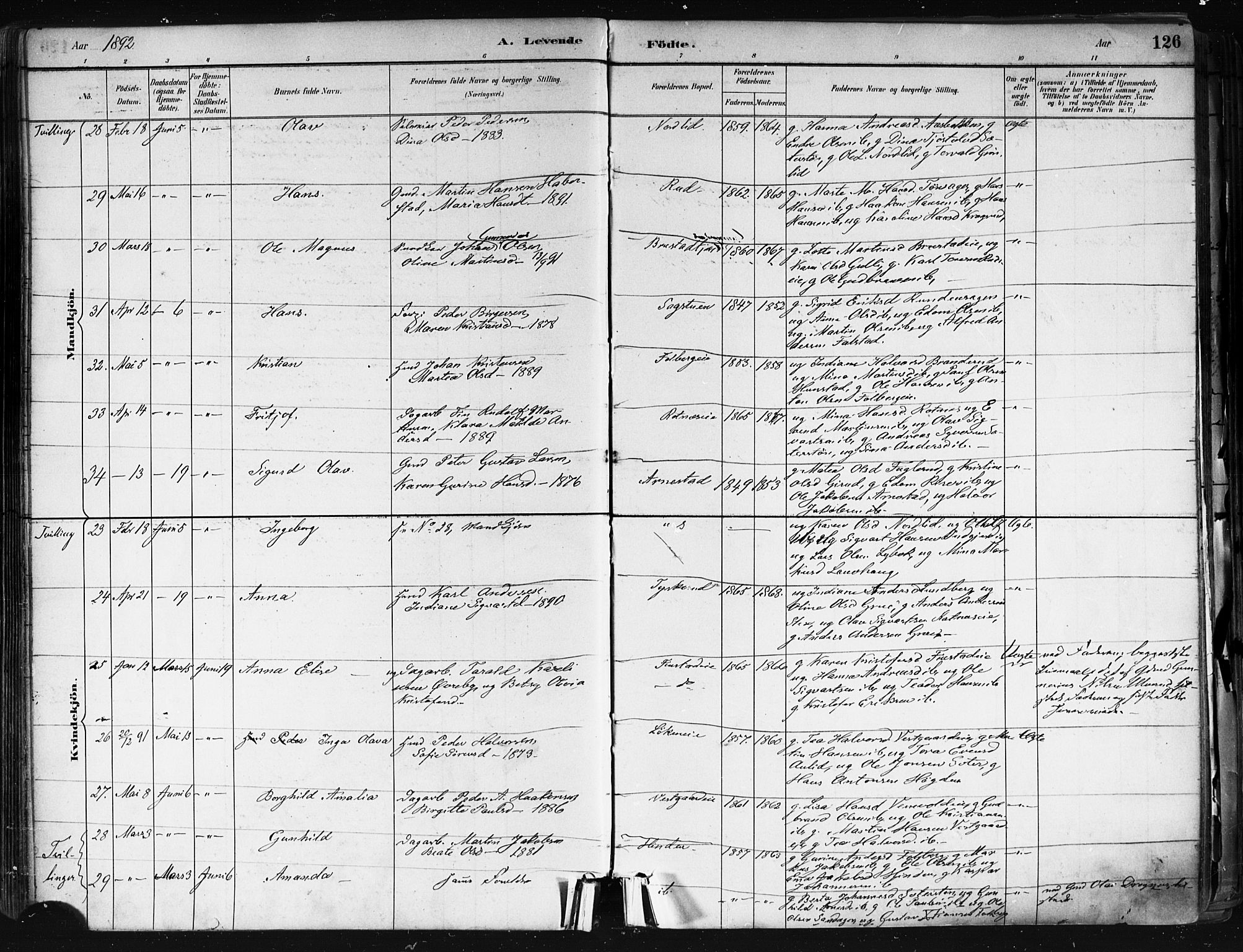 Nes prestekontor Kirkebøker, AV/SAO-A-10410/F/Fa/L0010: Parish register (official) no. I 10, 1883-1898, p. 126