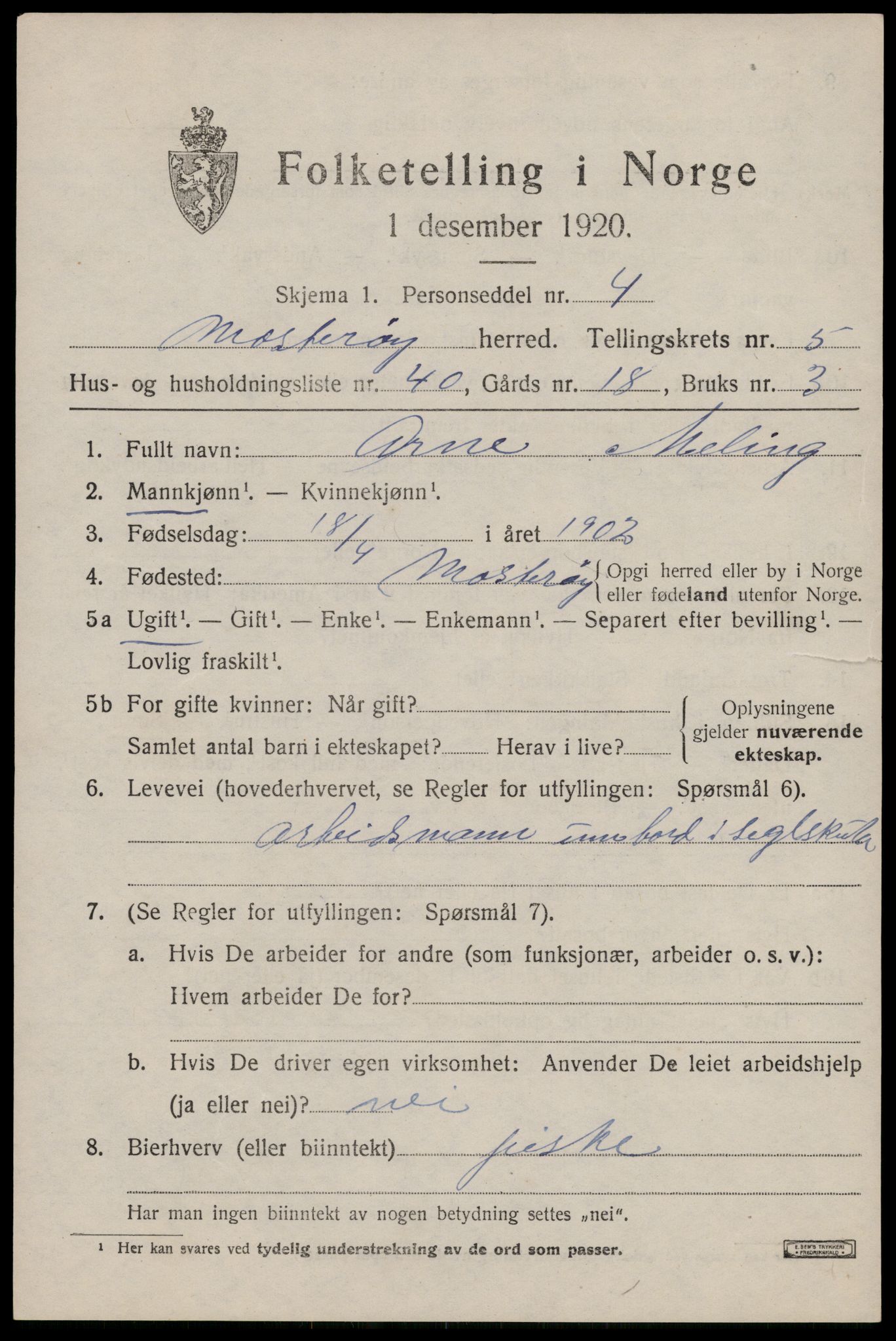 SAST, 1920 census for Mosterøy, 1920, p. 2548