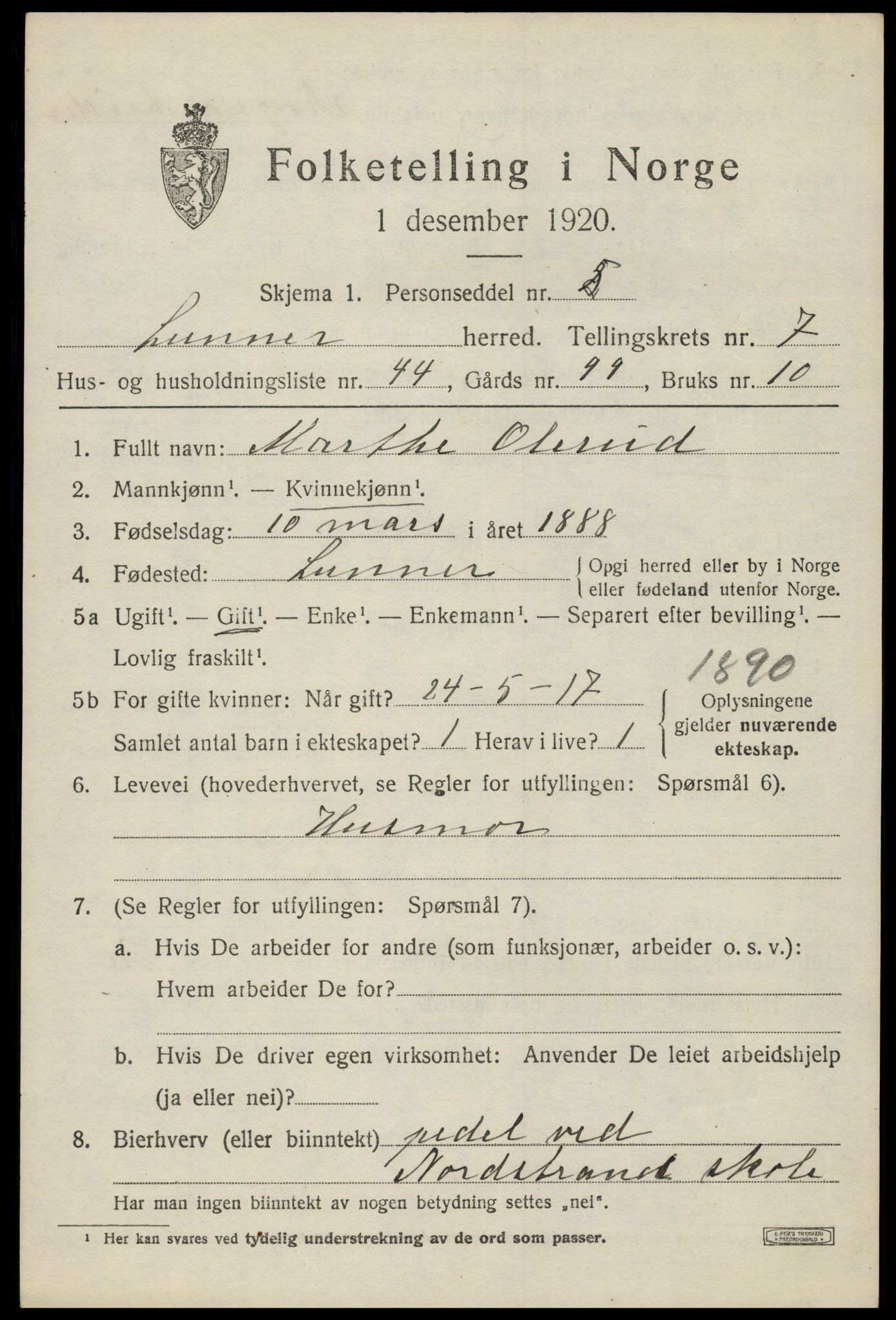 SAH, 1920 census for Lunner, 1920, p. 8977