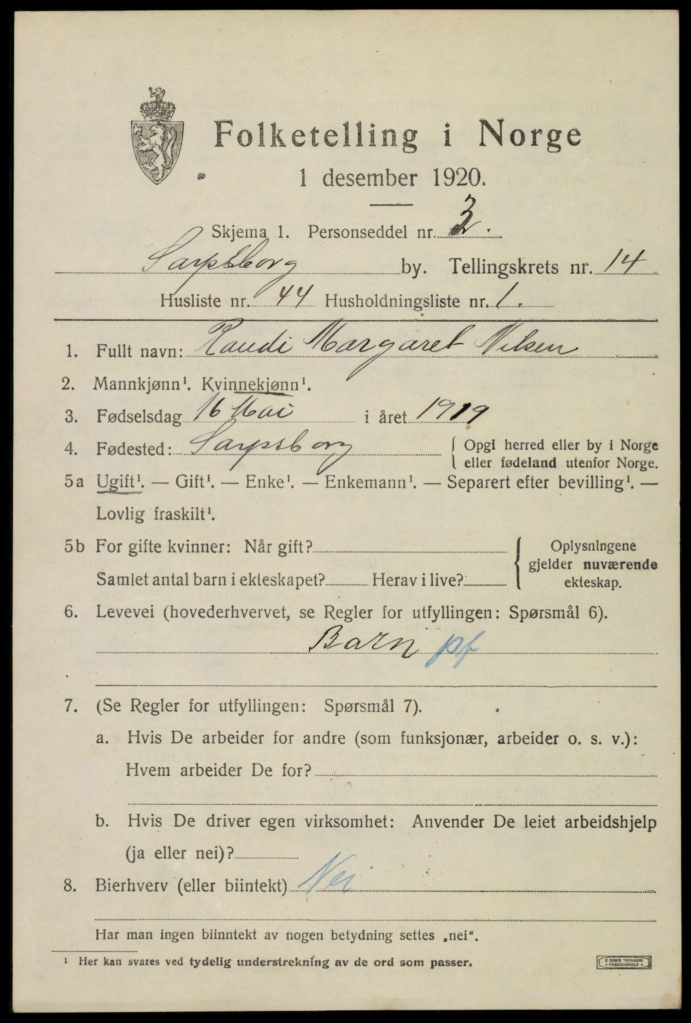 SAO, 1920 census for Sarpsborg, 1920, p. 29554