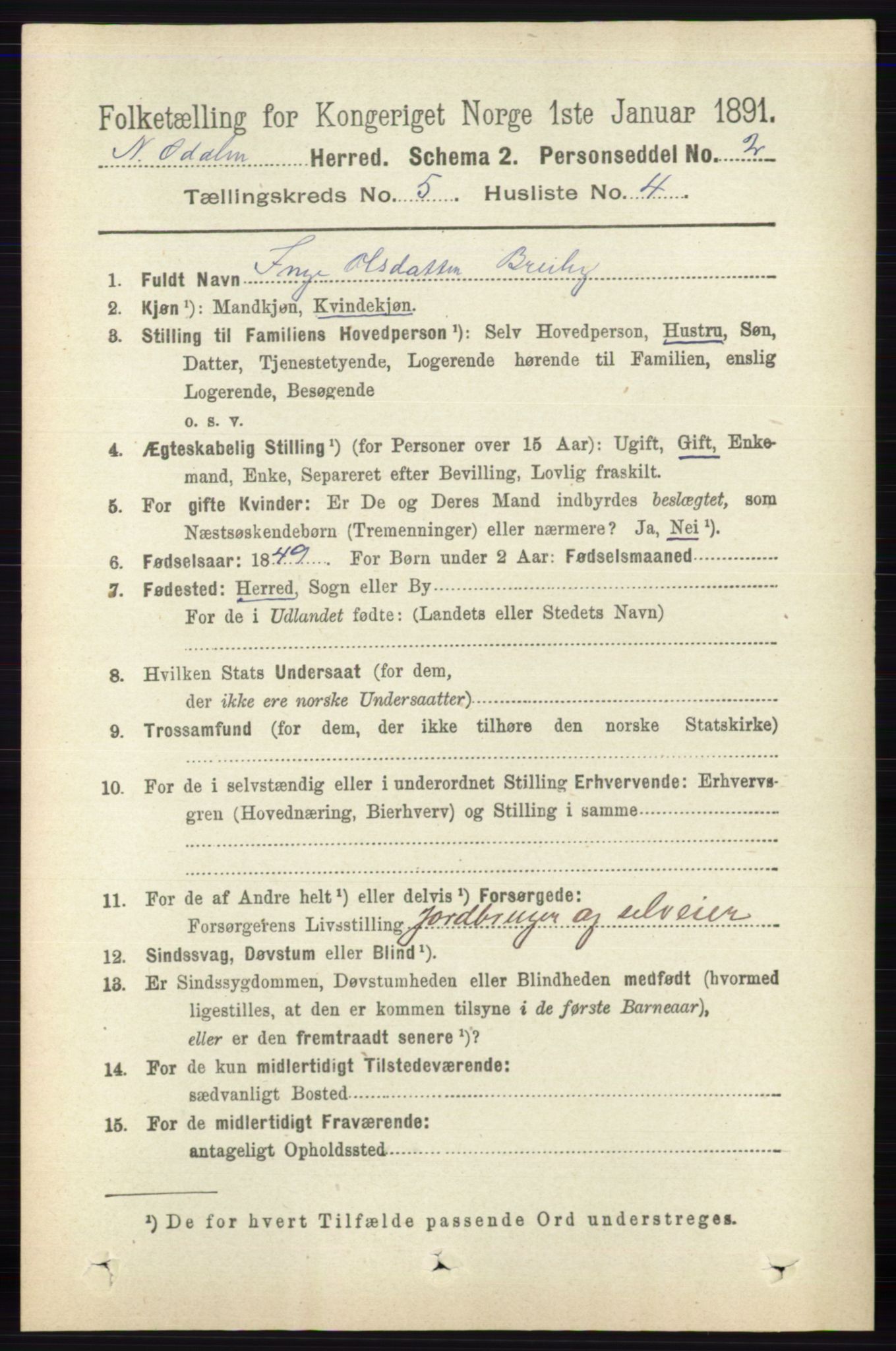 RA, 1891 census for 0418 Nord-Odal, 1891, p. 1563