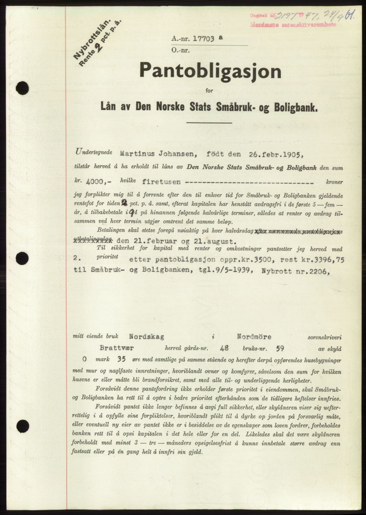 Nordmøre sorenskriveri, AV/SAT-A-4132/1/2/2Ca: Mortgage book no. B97, 1947-1948, Diary no: : 2197/1947