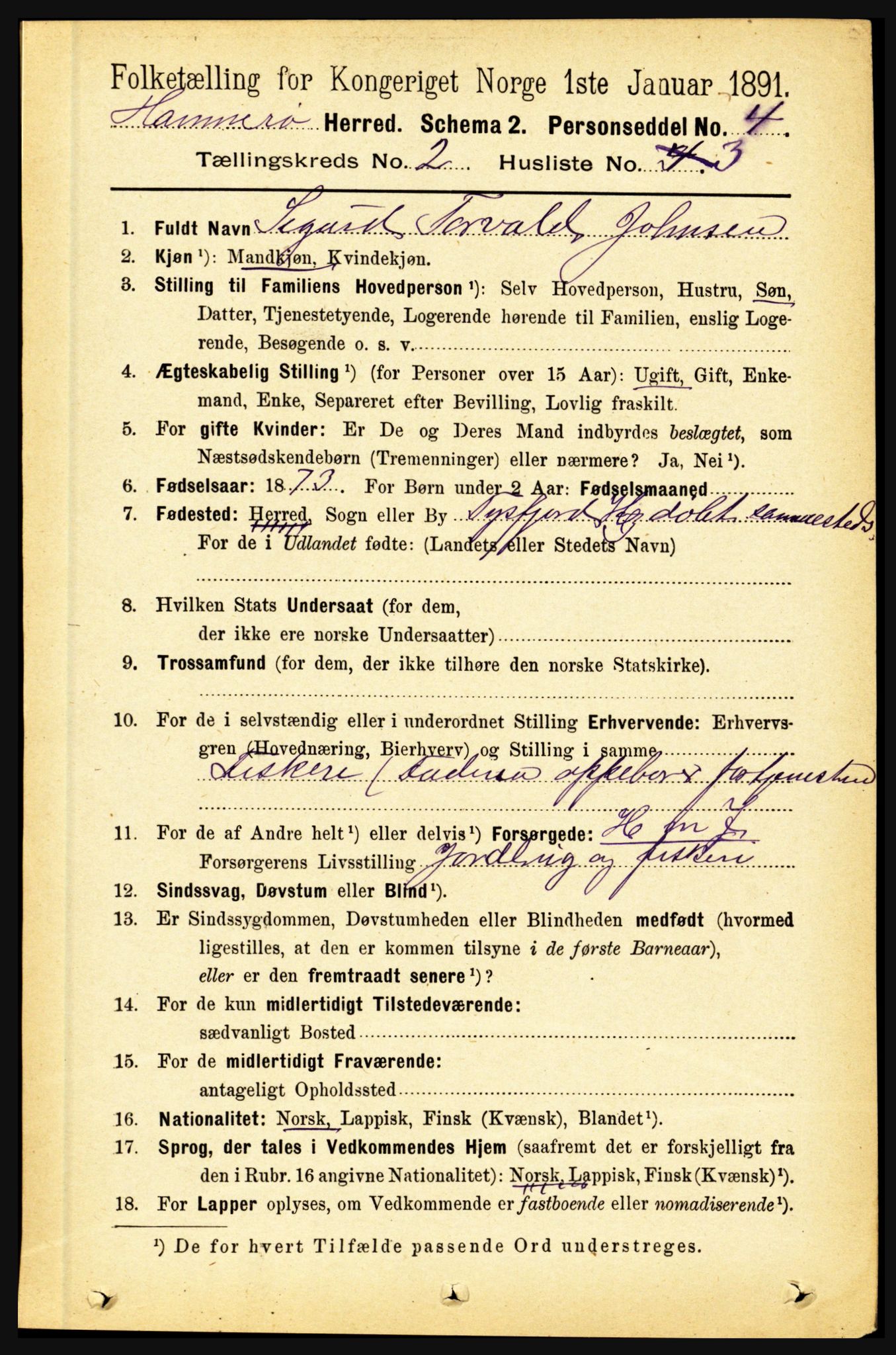 RA, 1891 census for 1849 Hamarøy, 1891, p. 593