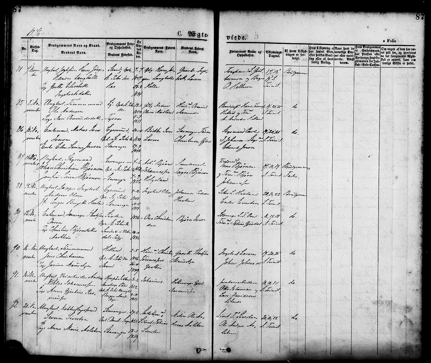 St. Petri sokneprestkontor, AV/SAST-A-101813/001/30/30BA/L0010: Parish register (official) no. A 10, 1869-1878, p. 87