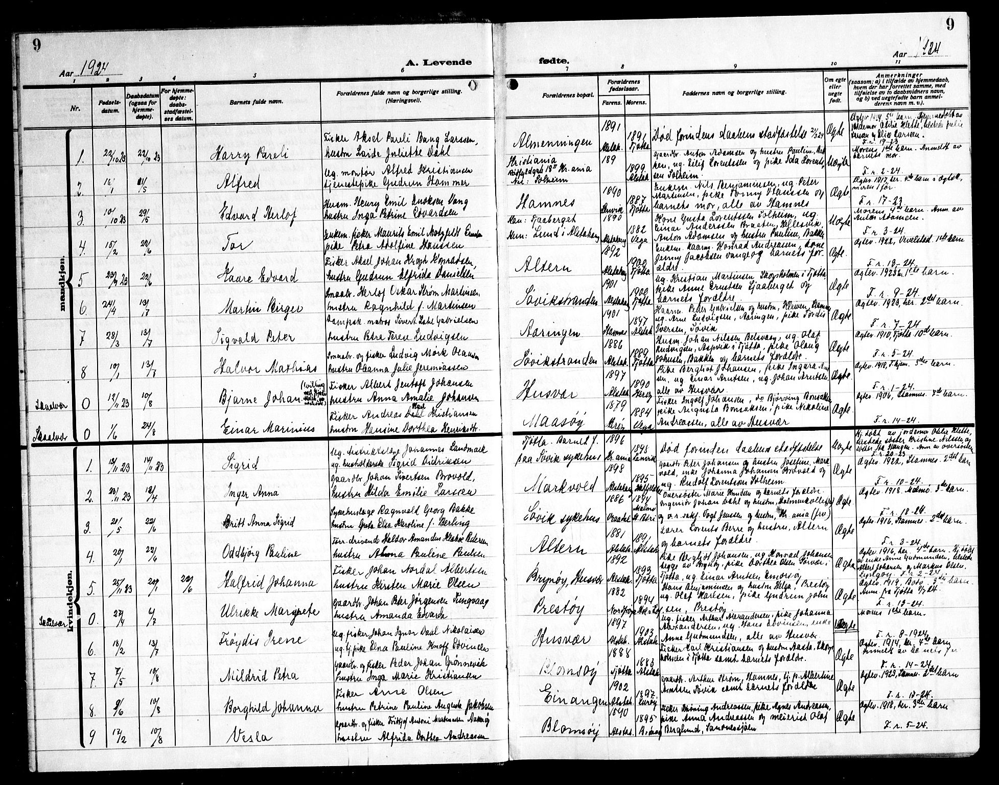 Ministerialprotokoller, klokkerbøker og fødselsregistre - Nordland, AV/SAT-A-1459/830/L0466: Parish register (copy) no. 830C08, 1920-1945, p. 9