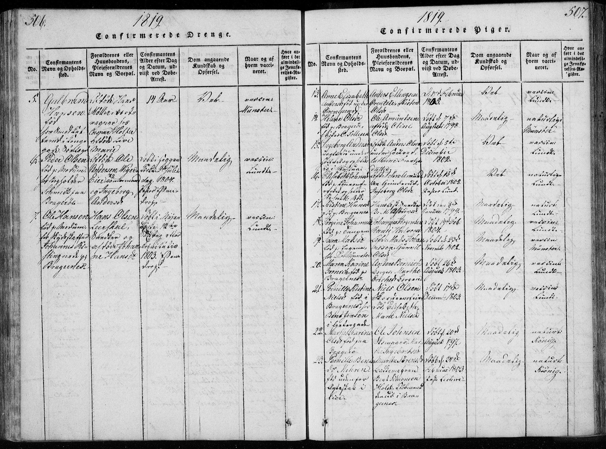 Bragernes kirkebøker, AV/SAKO-A-6/F/Fa/L0007: Parish register (official) no. I 7, 1815-1829, p. 506-507