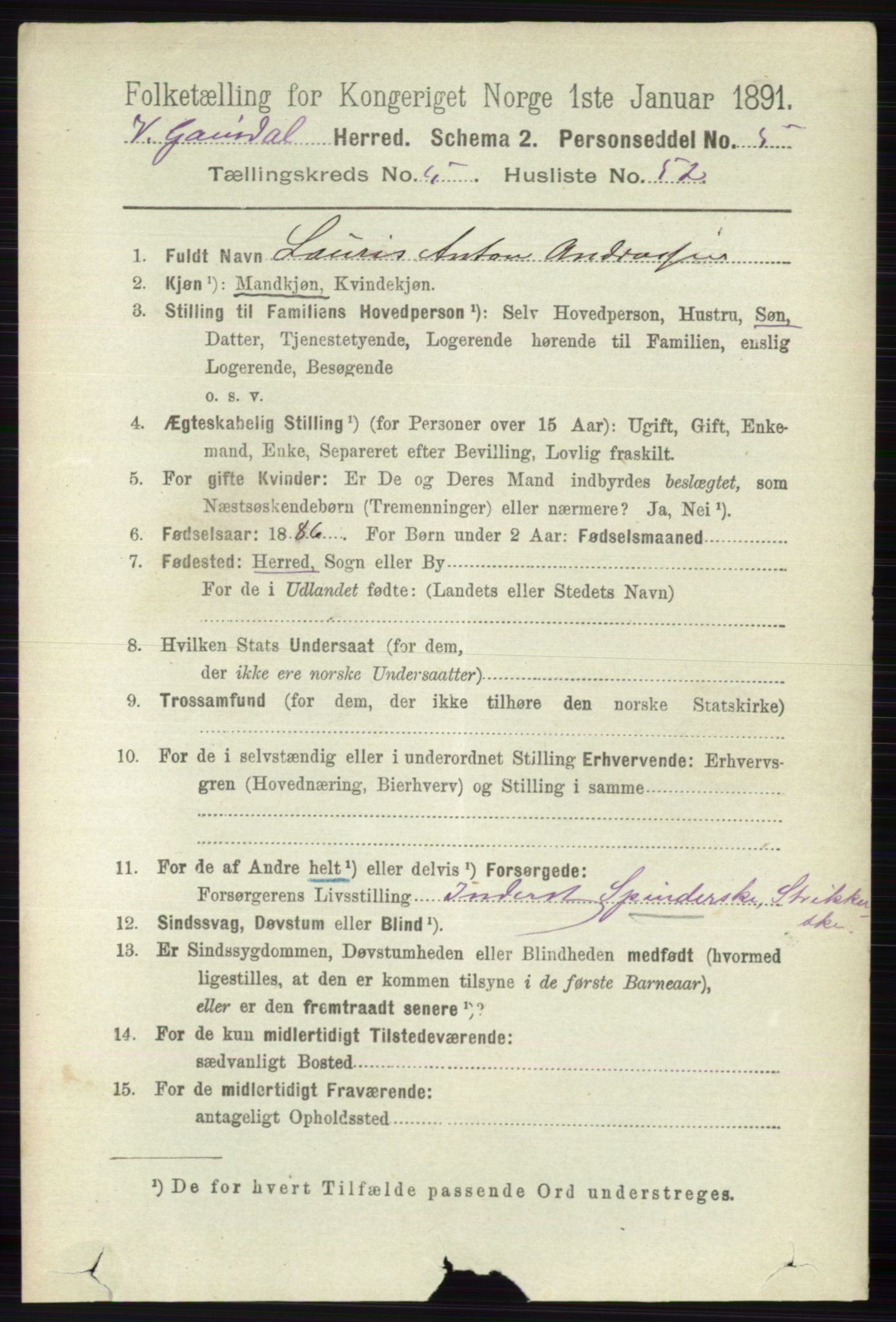 RA, 1891 census for 0523 Vestre Gausdal, 1891, p. 2474