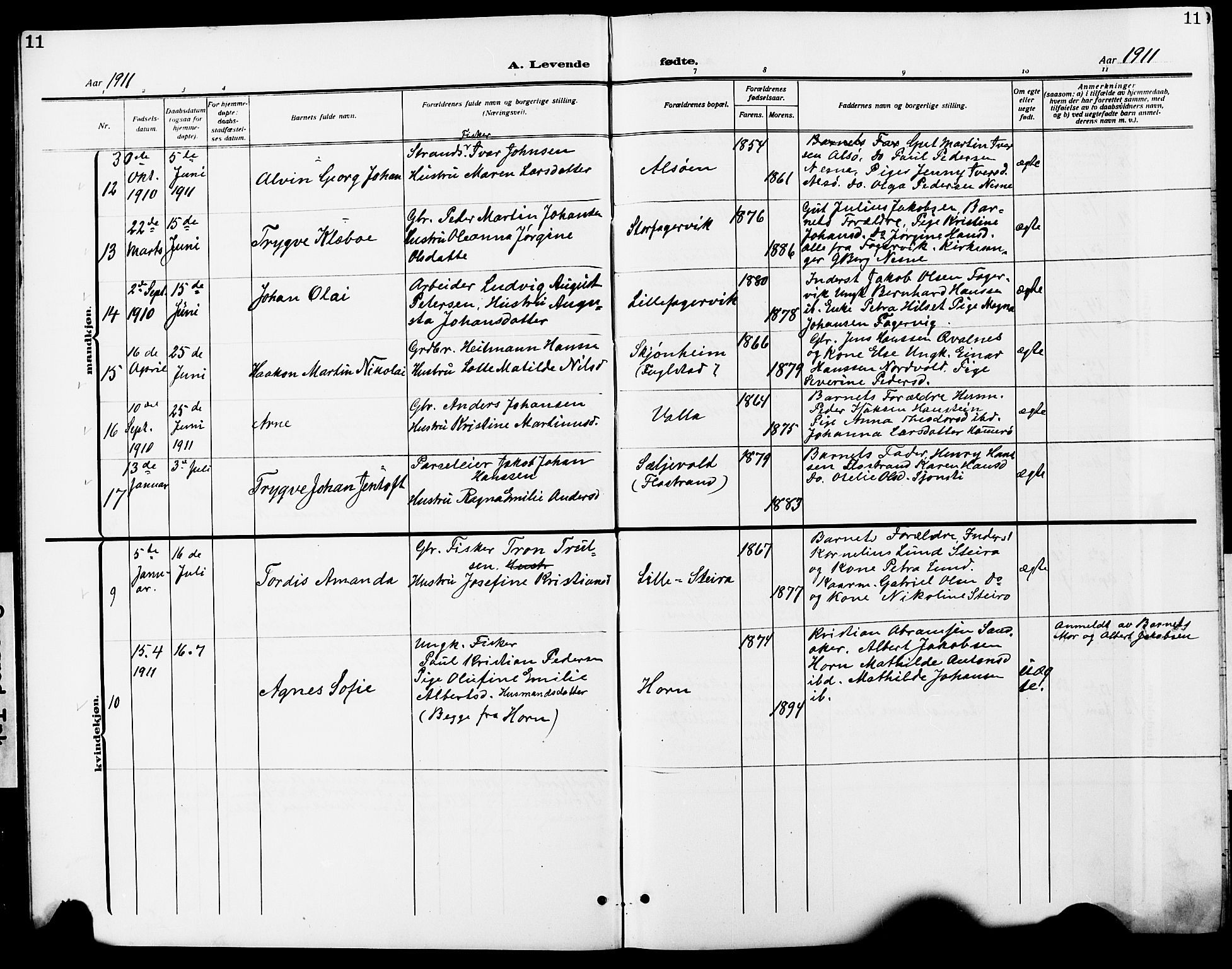 Ministerialprotokoller, klokkerbøker og fødselsregistre - Nordland, SAT/A-1459/838/L0560: Parish register (copy) no. 838C07, 1910-1928, p. 11