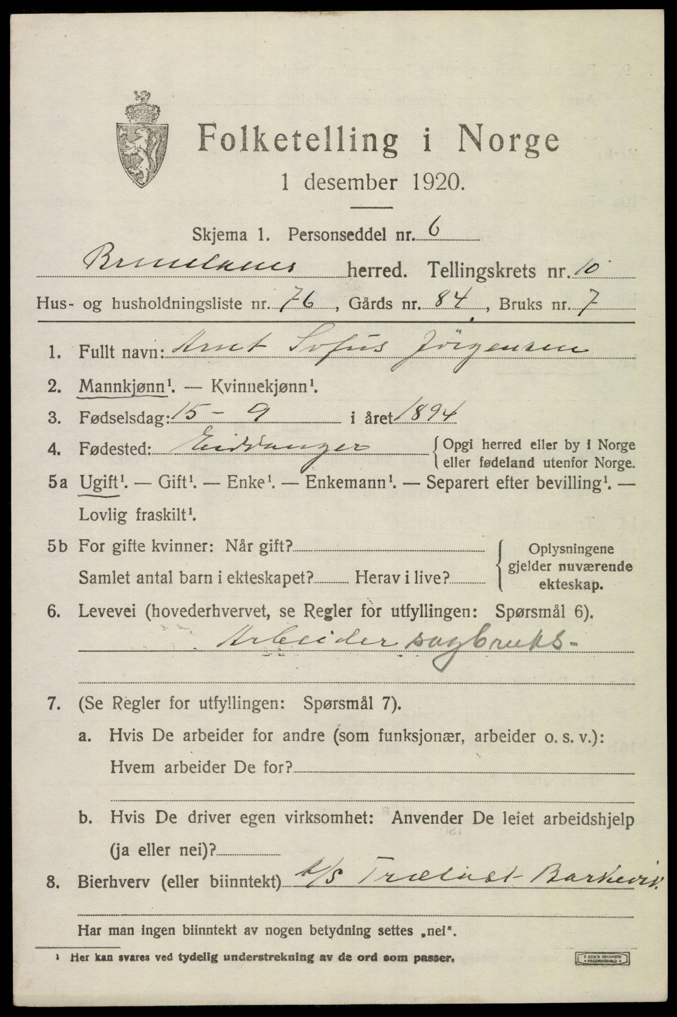 SAKO, 1920 census for Brunlanes, 1920, p. 9239