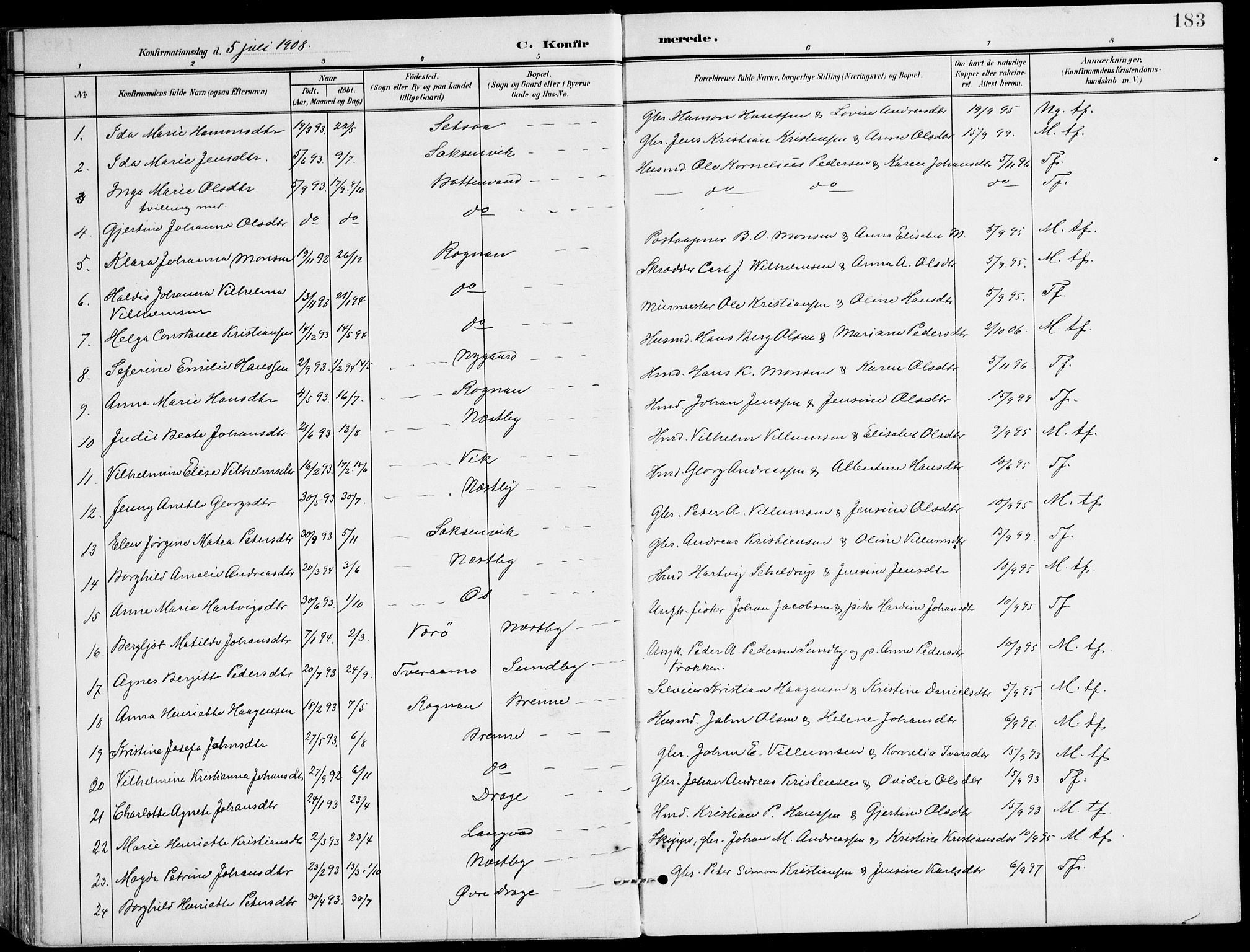 Ministerialprotokoller, klokkerbøker og fødselsregistre - Nordland, AV/SAT-A-1459/847/L0672: Parish register (official) no. 847A12, 1902-1919, p. 183