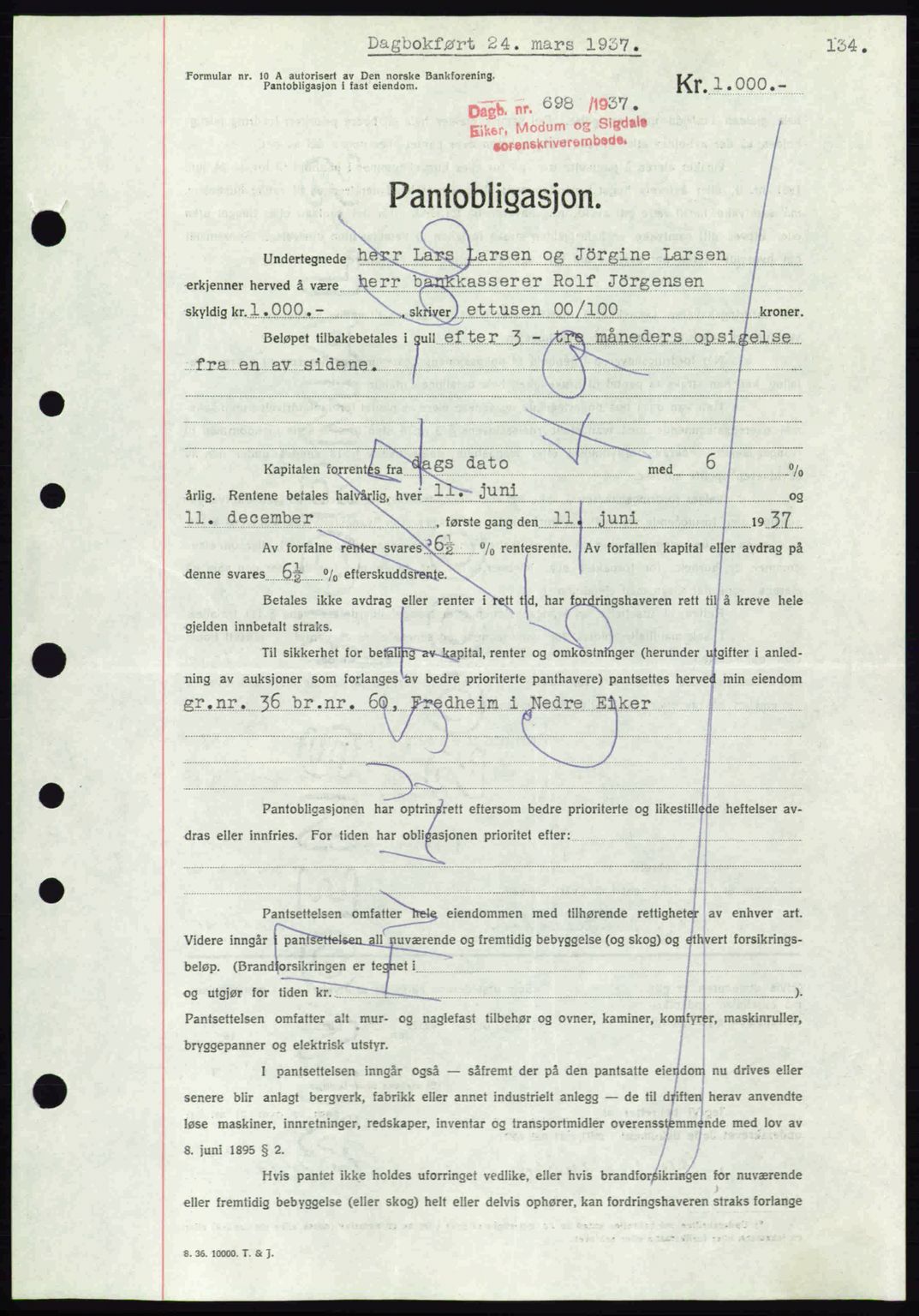 Eiker, Modum og Sigdal sorenskriveri, SAKO/A-123/G/Ga/Gab/L0035: Mortgage book no. A5, 1937-1937, Diary no: : 698/1937