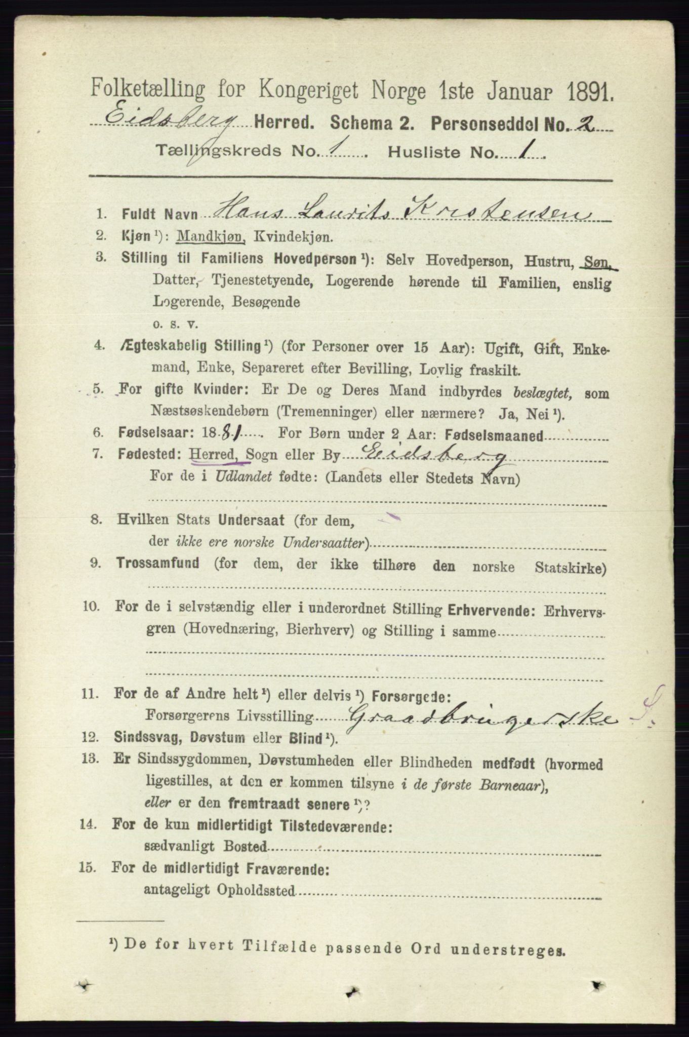 RA, 1891 census for 0125 Eidsberg, 1891, p. 140