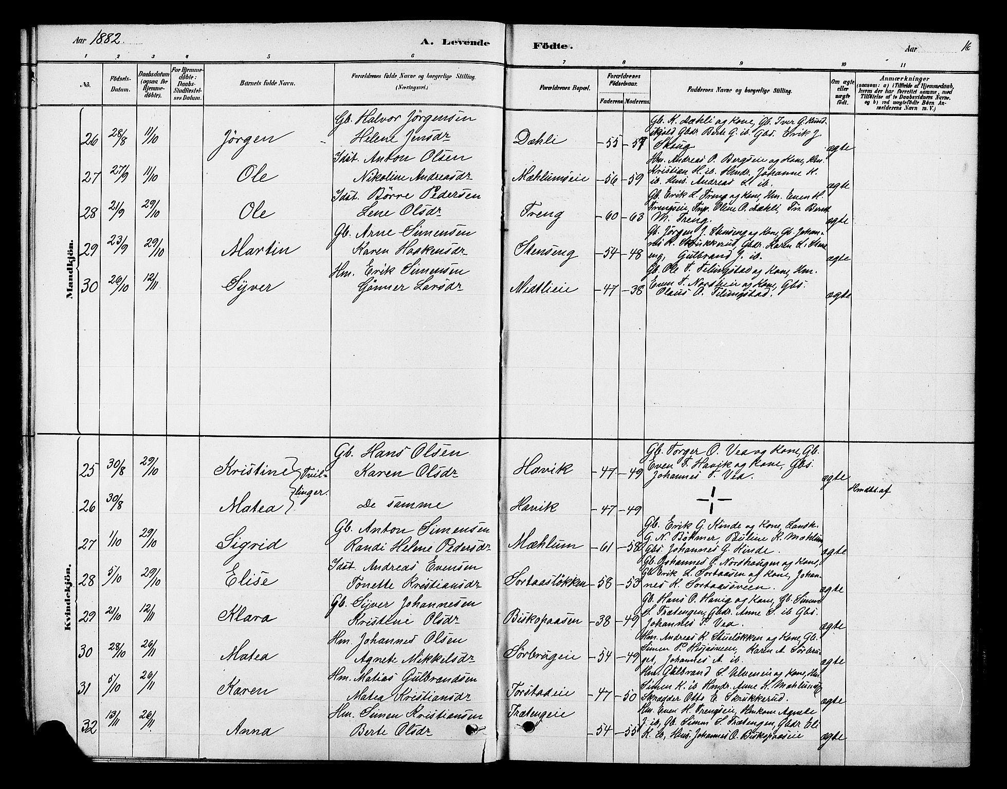 Ringsaker prestekontor, AV/SAH-PREST-014/K/Ka/L0013: Parish register (official) no. 13, 1879-1890, p. 16