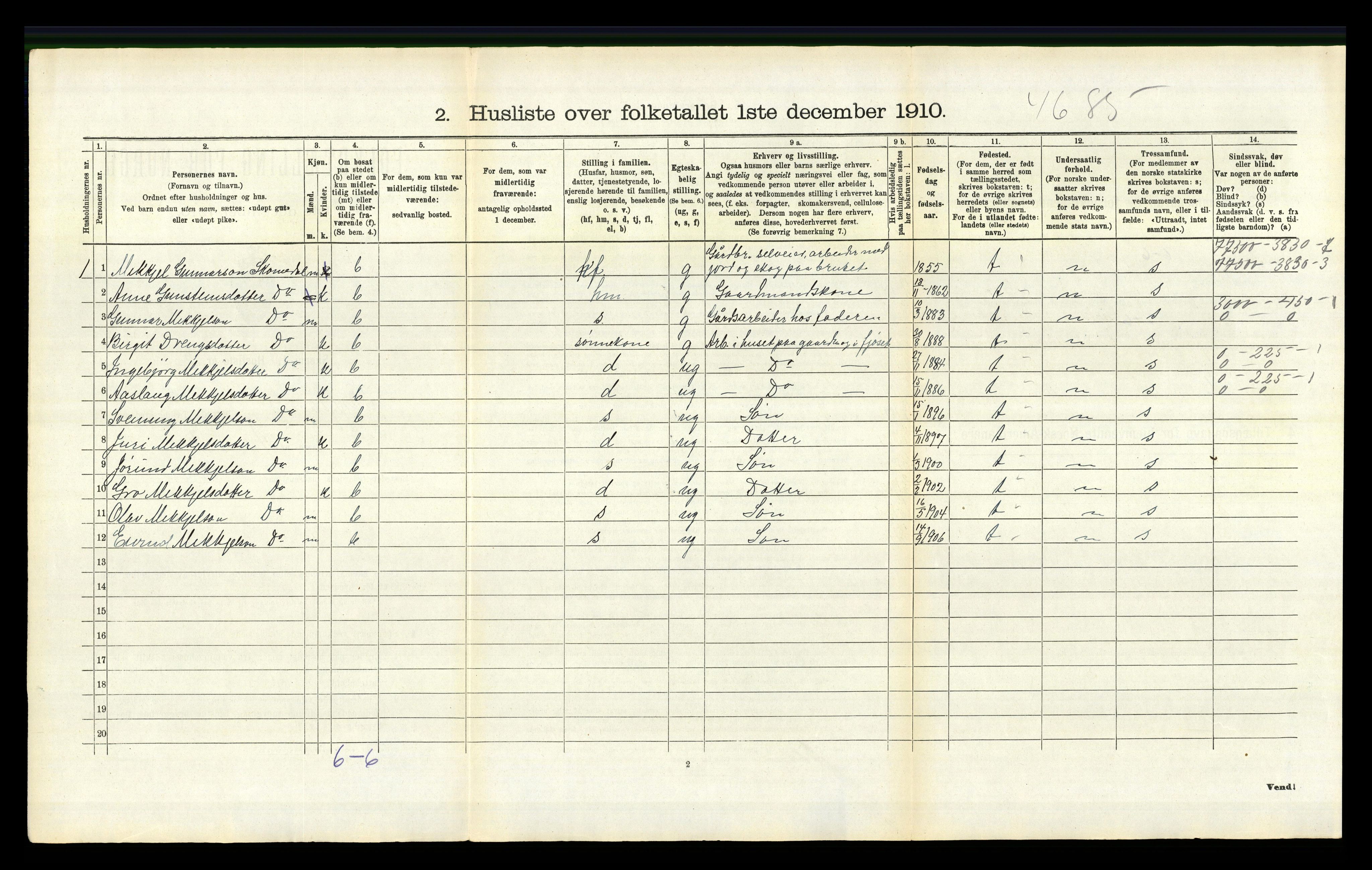 RA, 1910 census for Bygland, 1910, p. 438