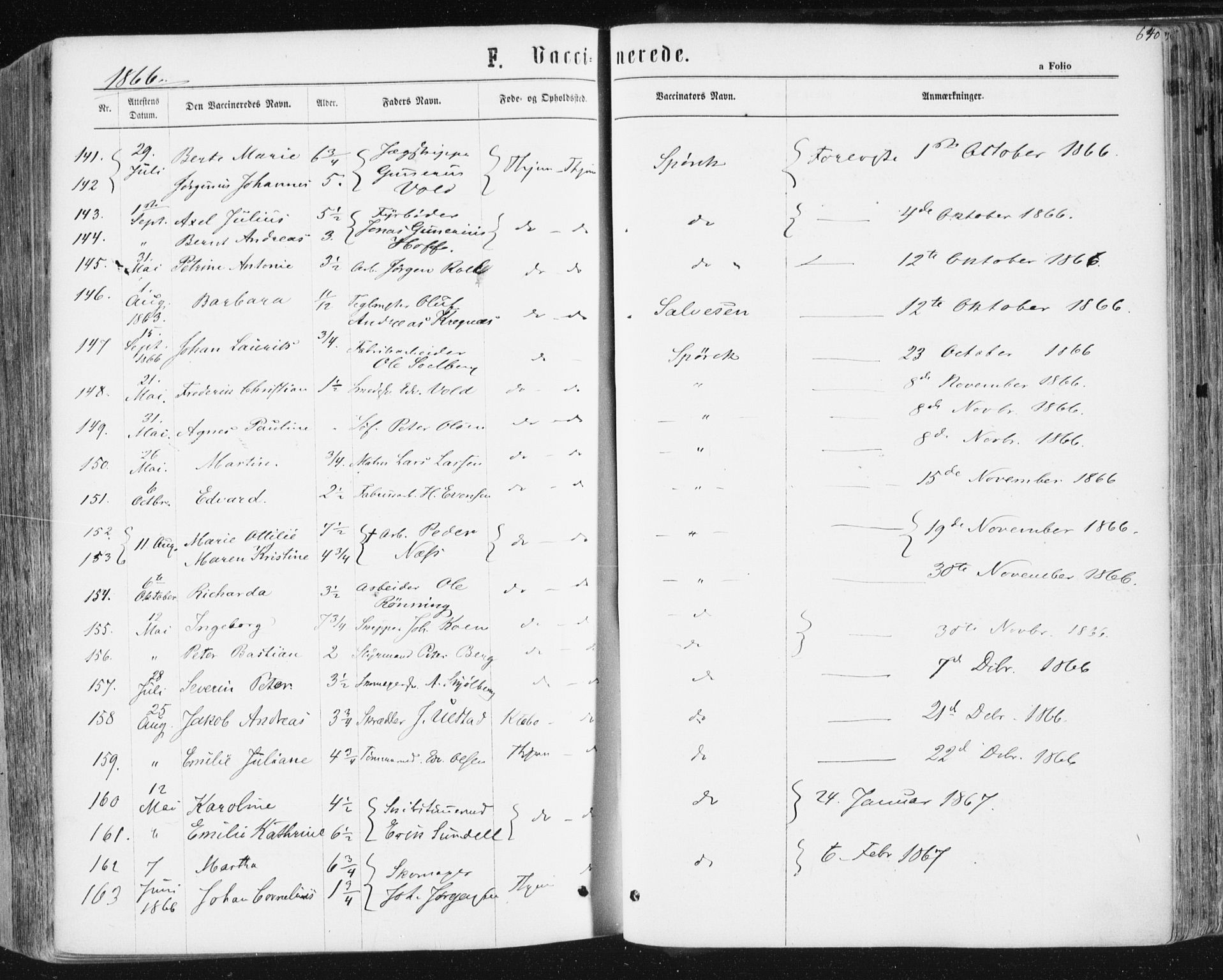 Ministerialprotokoller, klokkerbøker og fødselsregistre - Sør-Trøndelag, SAT/A-1456/604/L0186: Parish register (official) no. 604A07, 1866-1877, p. 640