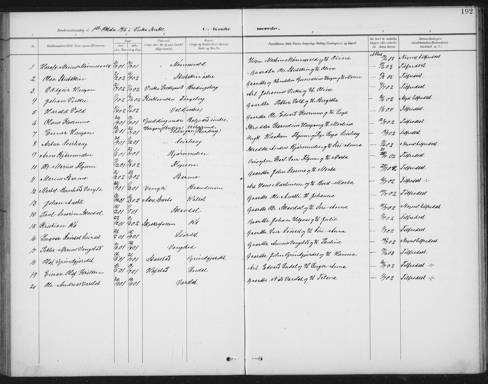 Ministerialprotokoller, klokkerbøker og fødselsregistre - Nord-Trøndelag, AV/SAT-A-1458/724/L0269: Parish register (copy) no. 724C05, 1899-1920, p. 192