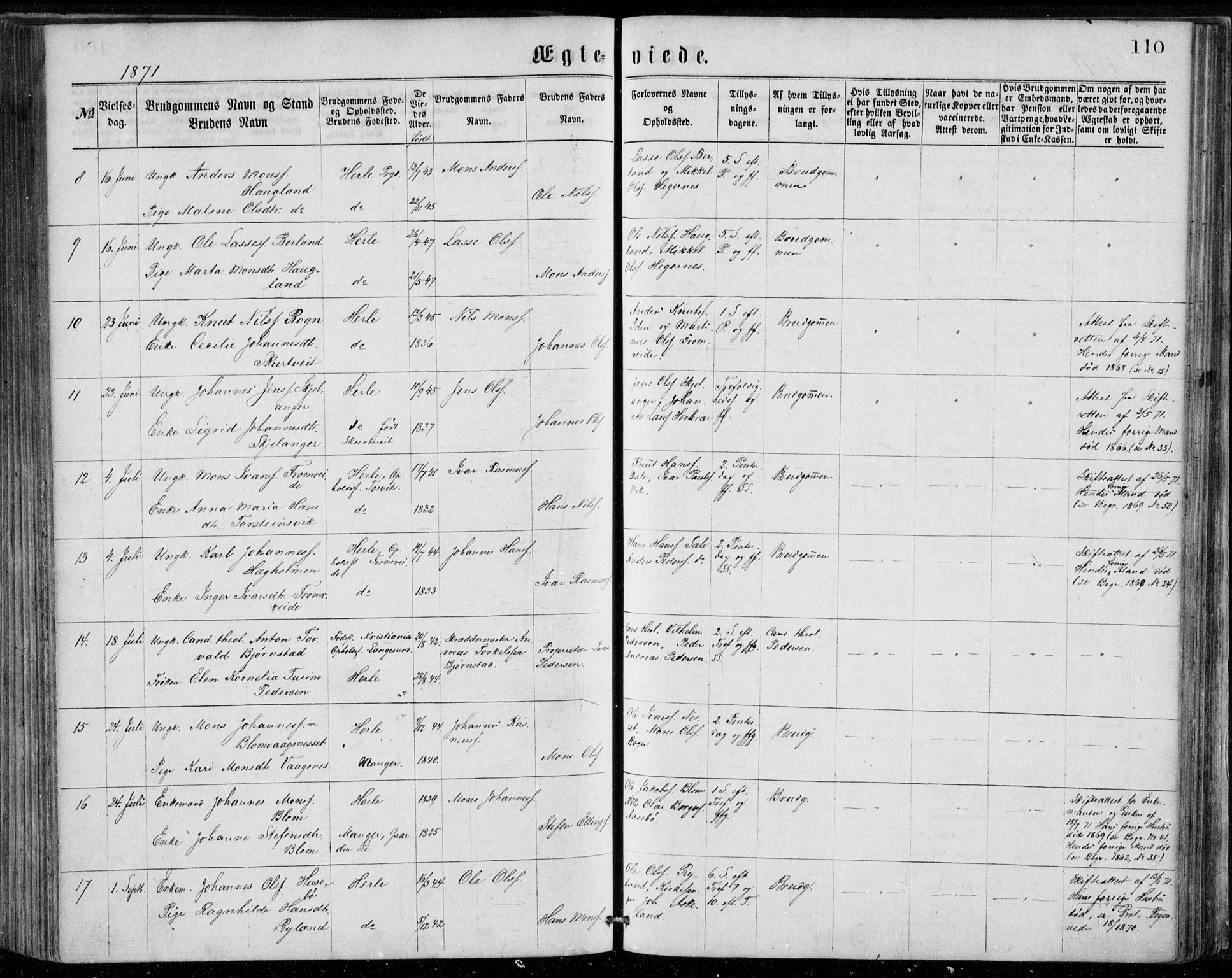 Herdla Sokneprestembete, SAB/A-75701/H/Haa: Parish register (official) no. A 2, 1869-1877, p. 110
