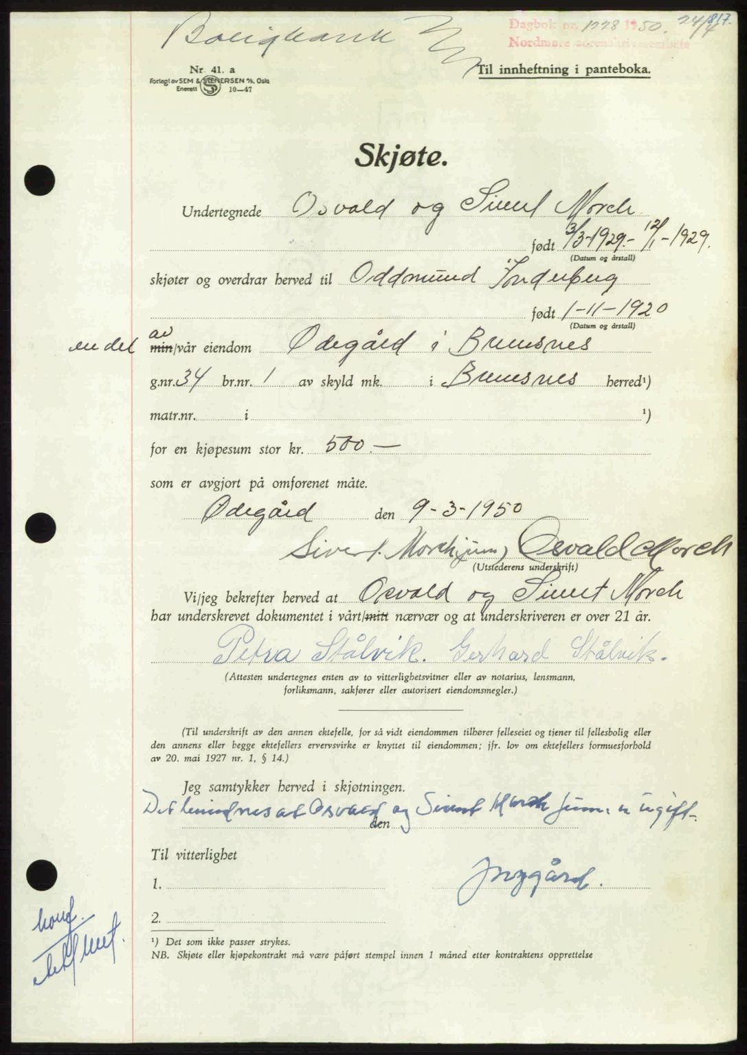 Nordmøre sorenskriveri, AV/SAT-A-4132/1/2/2Ca: Mortgage book no. A114, 1950-1950, Diary no: : 1228/1950